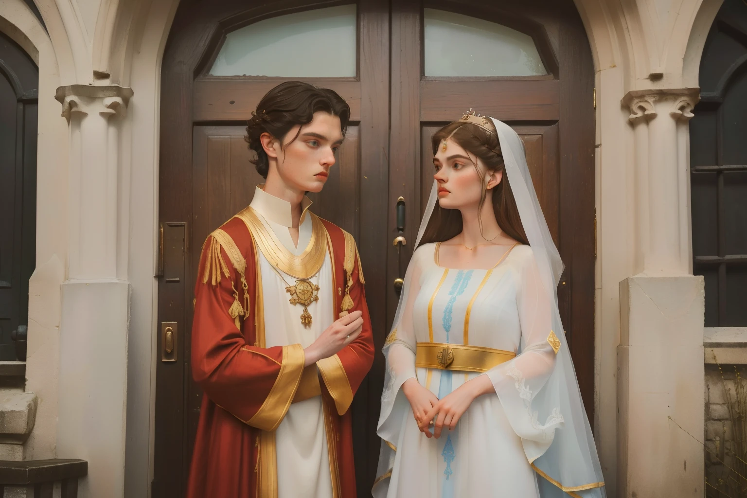1143, Kingsbridge, England. otherworldly scene outside a medieval church, ((((23-year-old)) Alexandra Daddario)), with (((Levi Miller))), wedding, ((unhappy serious expression)), ((((tunic and gown from the 12th century))))((hairstyle of the 12th century)), ((Wes Anderson cinematic style)), colorful
