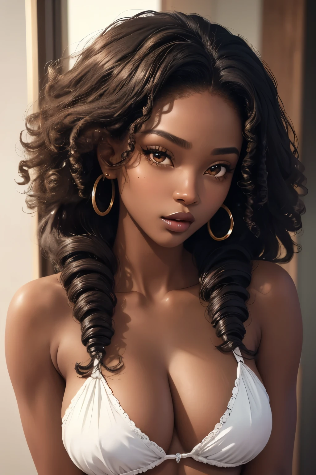 (masterpiece, best quality), deep ebony 1girl, beautiful face, Kimberly_jackson, freely hanging curls, brown lips