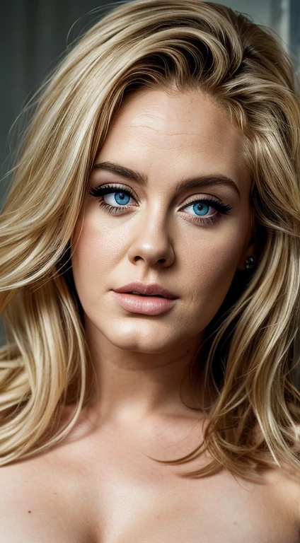 Face Singer Adele age 30 years, blond, eyes blue, texture hair, beautiful (muscle body:1.2), texture skin, naked, half body