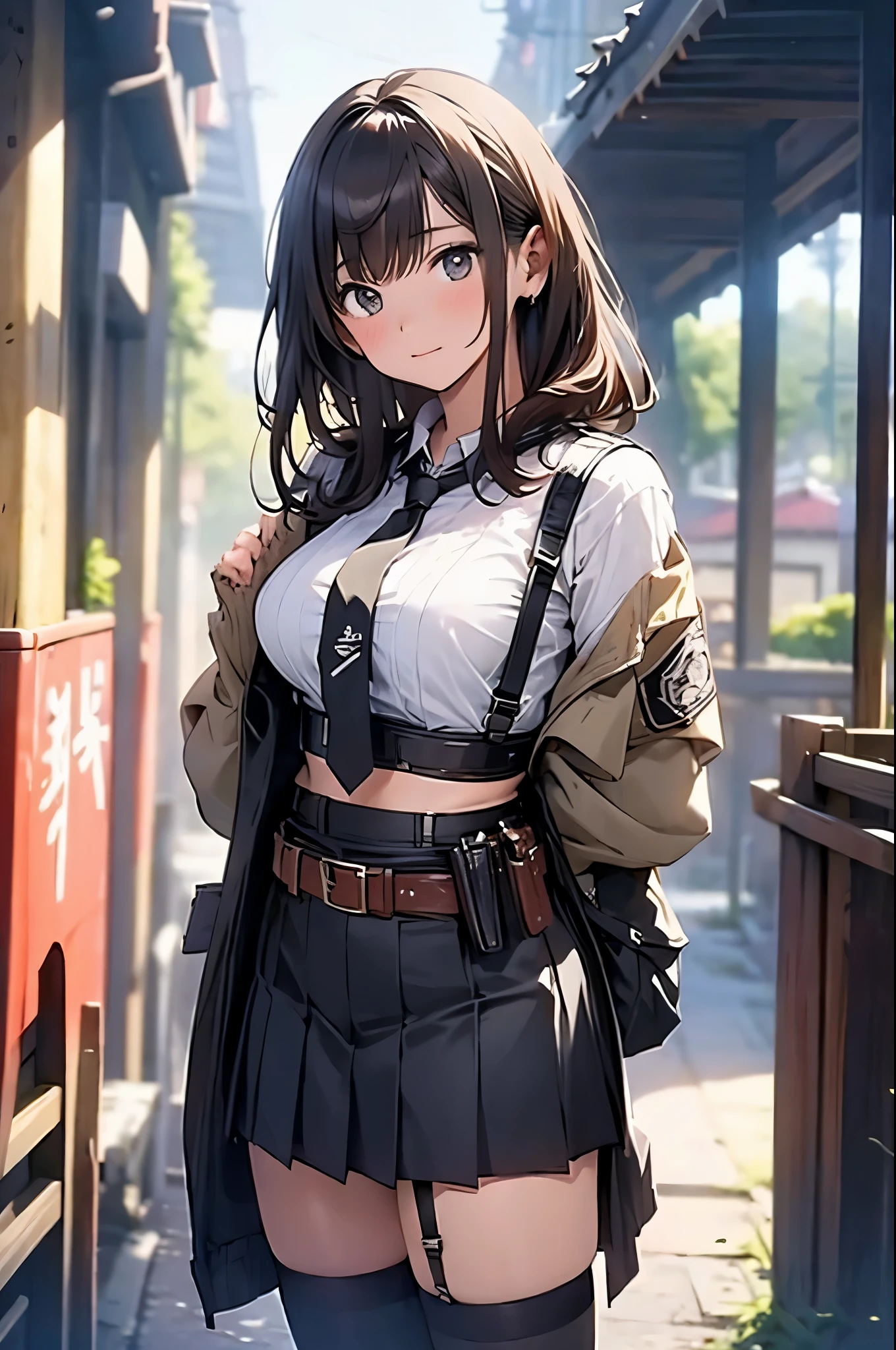 Brown hair、watching at viewers black suspenders Bulging big breasts walls: Black miniskirt garters Gaze Small face bangss holster Beautuful Women hands up レッグholster ベッドに横たわる Gaze black boots panty shot provocation flank flank汗 soio Fold your hands behind your back a belt