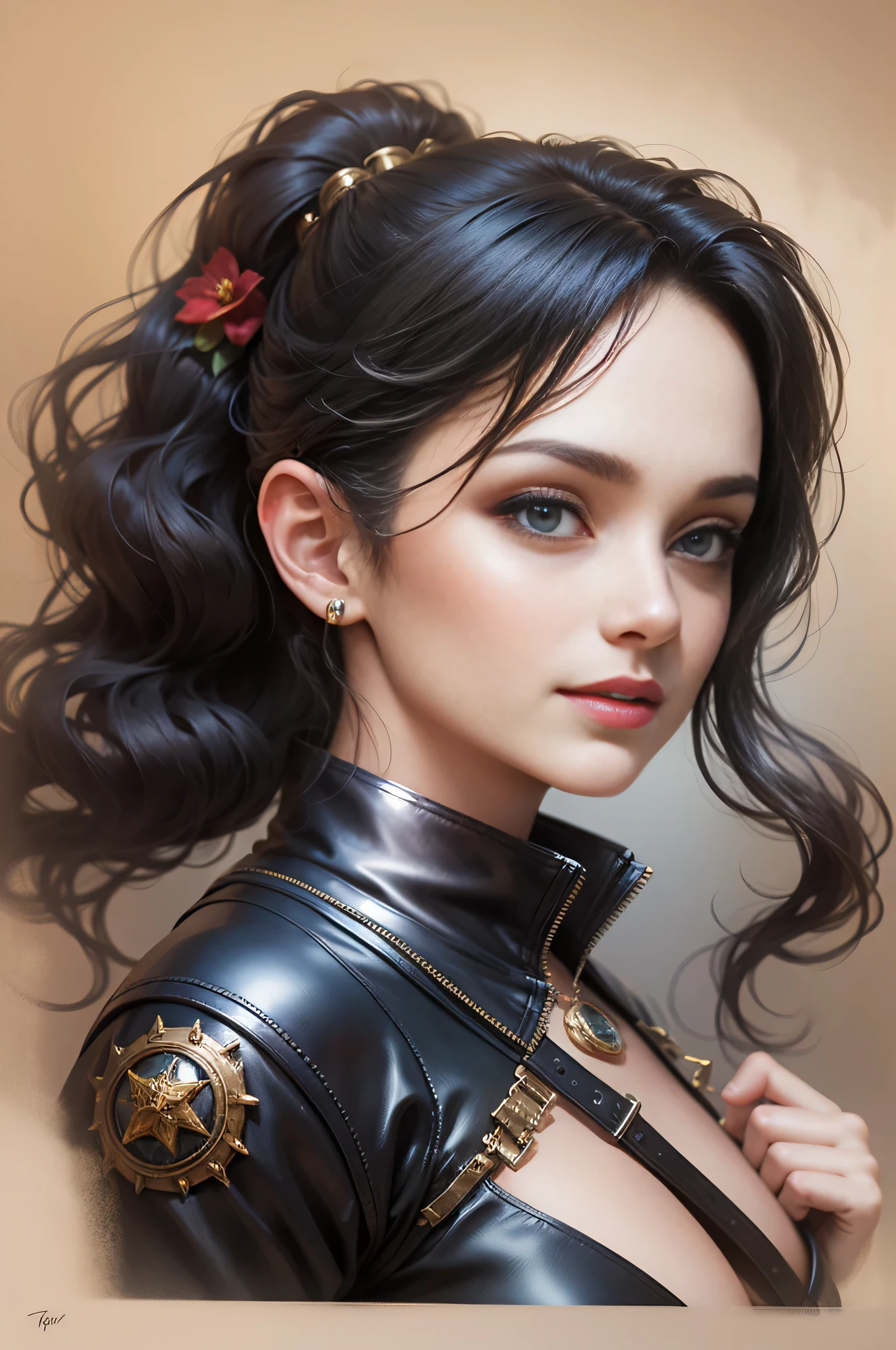 beautiful woman face, Wearing steampunk costumes, gorgeous eyes, Convoluted, cleavage, Soft lips, Smiling, Naughty, a captivating gaze, hitornfreckles, sideboob barbosa, under the boobs