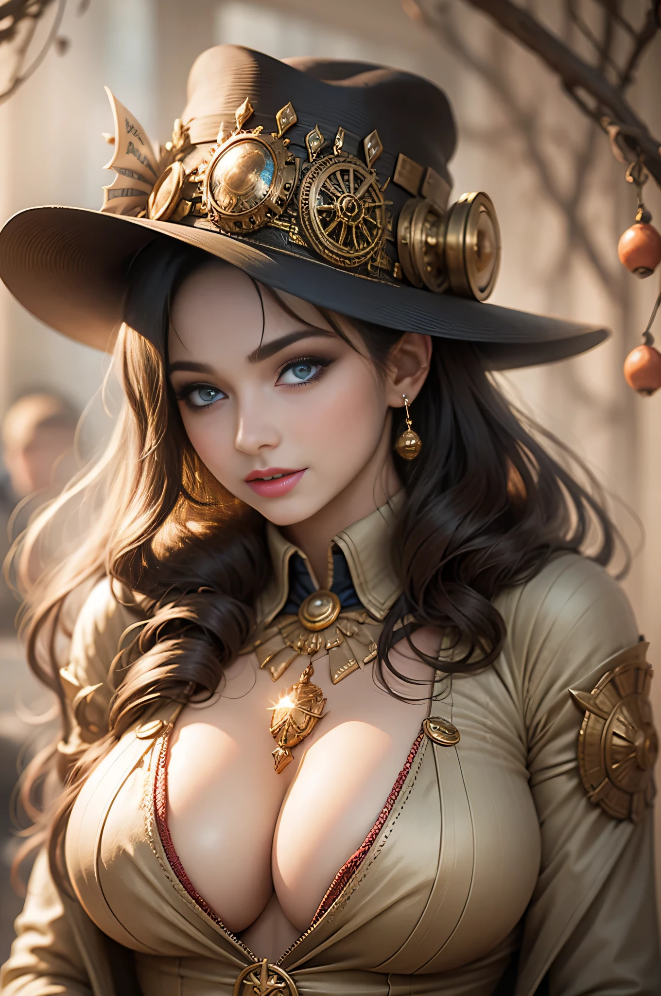 beautiful woman face, Wearing steampunk costumes, gorgeous eyes, Convoluted, cleavage, Soft lips, Smiling, Naughty, a captivating gaze, hitornfreckles, sideboob barbosa, under the boobs