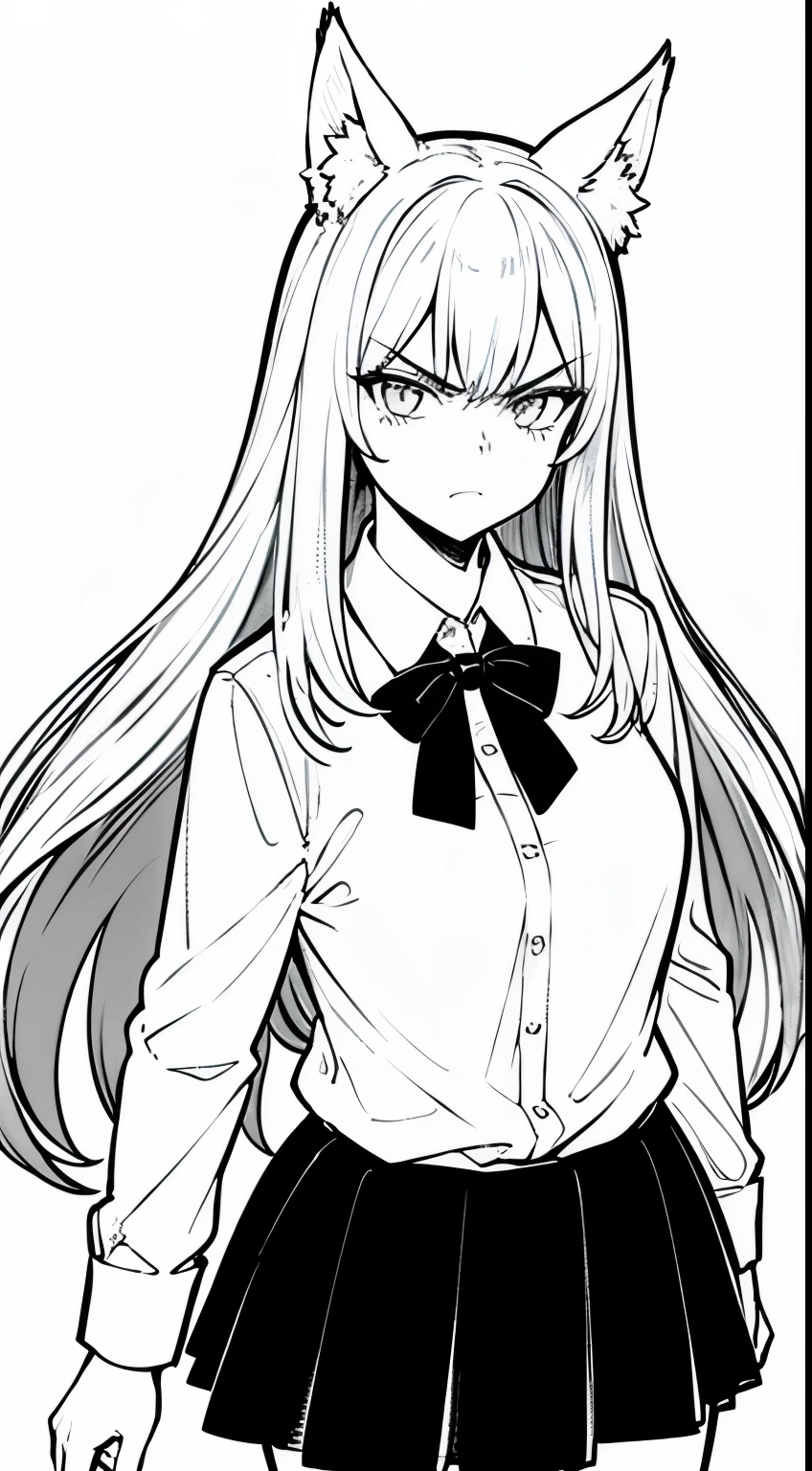 1girl ,20s,angry face,white shirt,black tie,black skirt,gray hair,long hair,fox ears,cowboy shot,standing,(white background, monochrome, line drawing,)