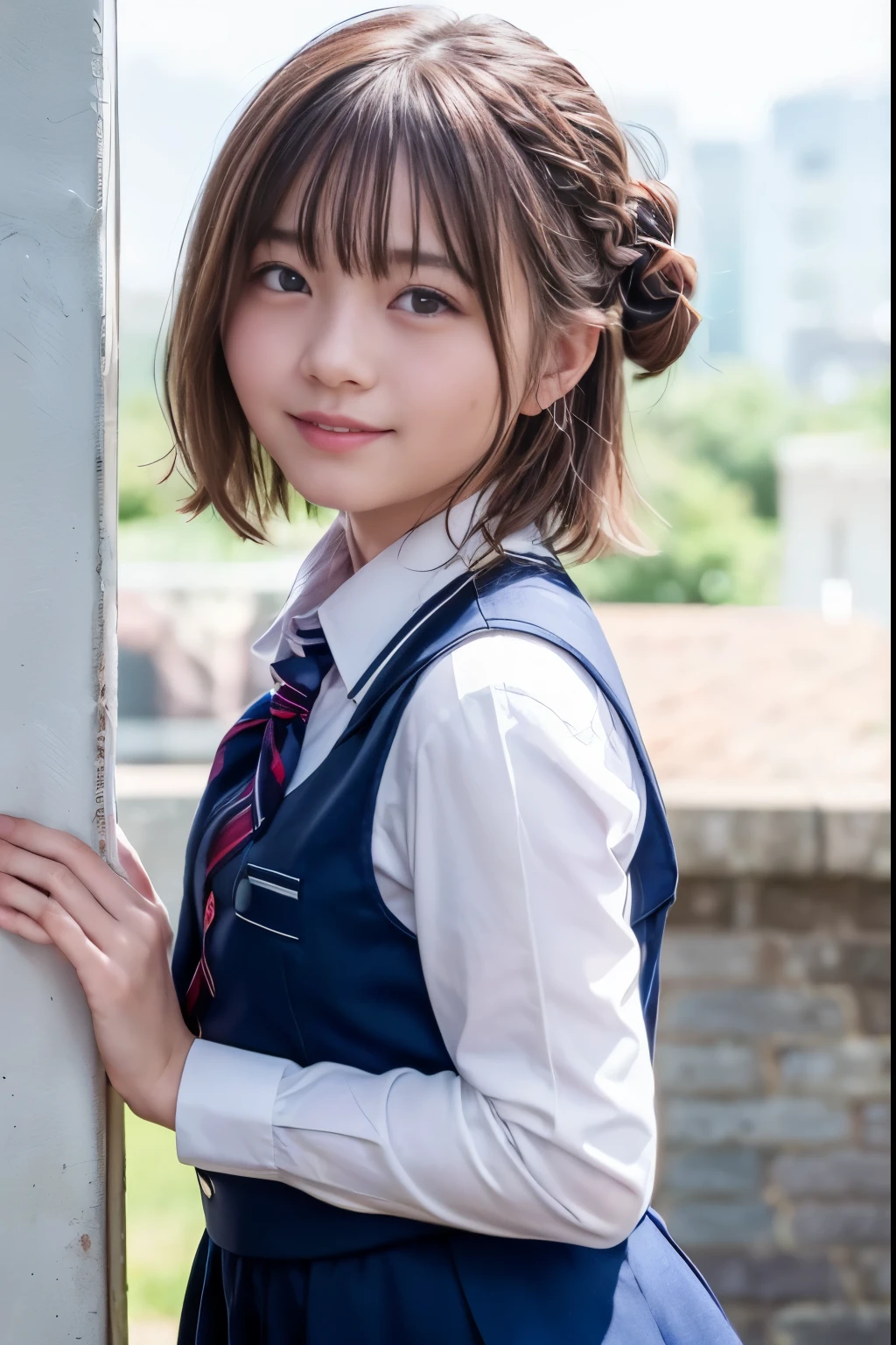 (Best Quality,8K,超A high resolution:1.2),( girls), (School Uniform), ((dark blue sleeveless dress school uniform, long-sleeved white shirt)), (School Tie), realisitic, Top image quality, Photorealsitic, 25-years old, (((femele))), extra detailed face,Leaves the original facial proportions、 (Skin blemishes:1.2), (Skin Dentation), Black eye, ((Look at viewers:1)), (looking in camera)、(portlate:0.6), (shorth hair)、brown haired、Floating hair、(Braided hair)、Thin smile, High School Girl, (Skindentation:1.2) ,cowboy shot
