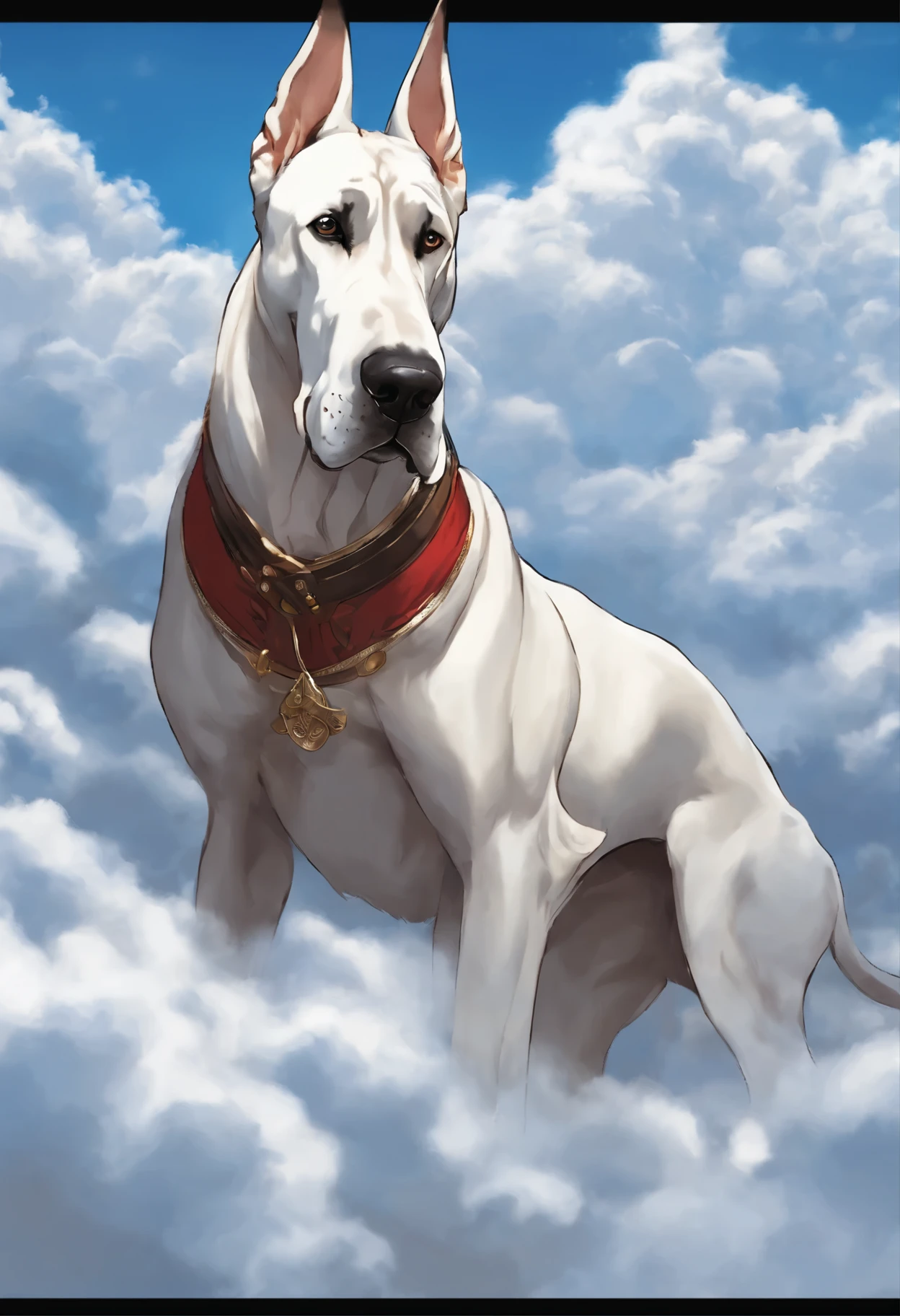 close-up of Great Dane dog walking on the clouds, fluffy clouds, shaggy clouds, casimir art, shigenori soejima illustration, boris valejo. Great Dane dog, detailed anime character art, detailed key anime art, Granblue Fantasy, scary Santa Claus in the art of the demon slayer, Taisho Roman, crisp clear rpg portrait, Masamune Shiro, key anime art