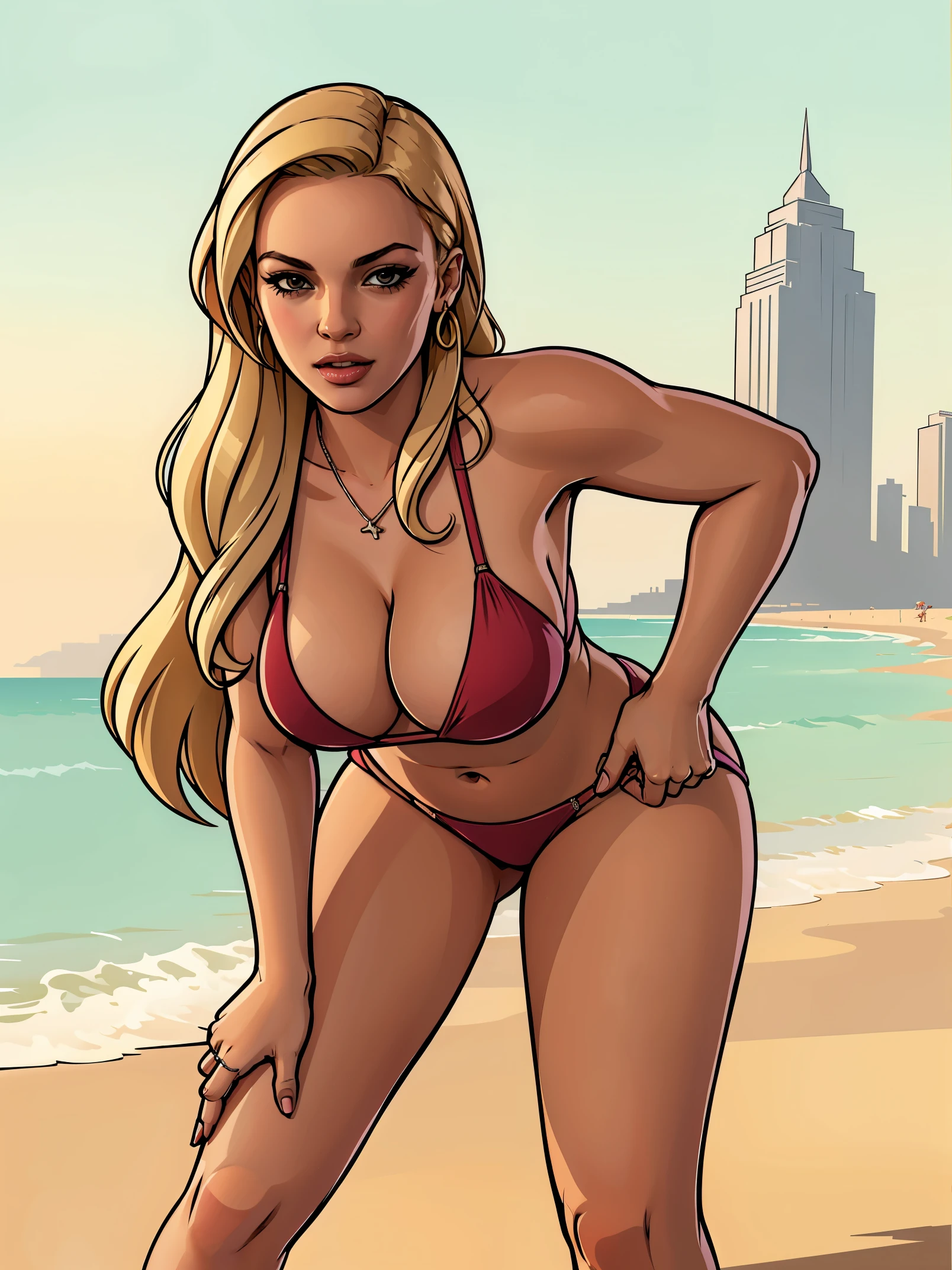 A picture of a (busty) girl wearing a bikini, bending down, seductive pose, wavy blonde hair, on a busy beach, warm ambience and color tone, (2d) gta artstyle, masterpiece, best quality