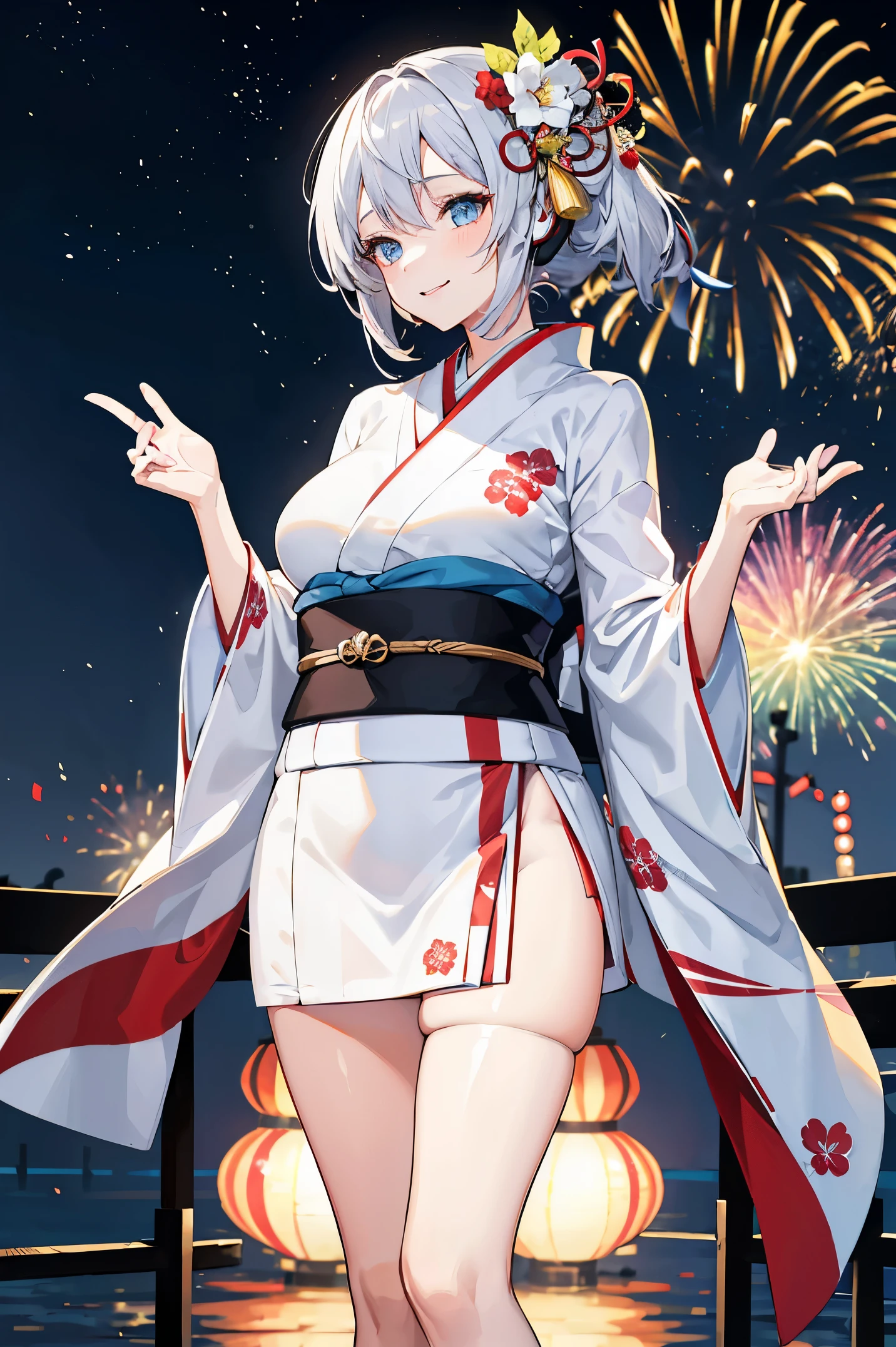 "anime girl, 1 person, silver white hair mixed with black, blue eyes, wearing headphones, wearing a kimono, women's kimono, traditional kimono, detailed outfit, big breasts, white kimono mixed with black, stockings  long, standing cross-legged, smiling shyly, looking from many directions, night, festival, New Year's Eve fireworks, watching fireworks, solo(full HD Image 4K+)"