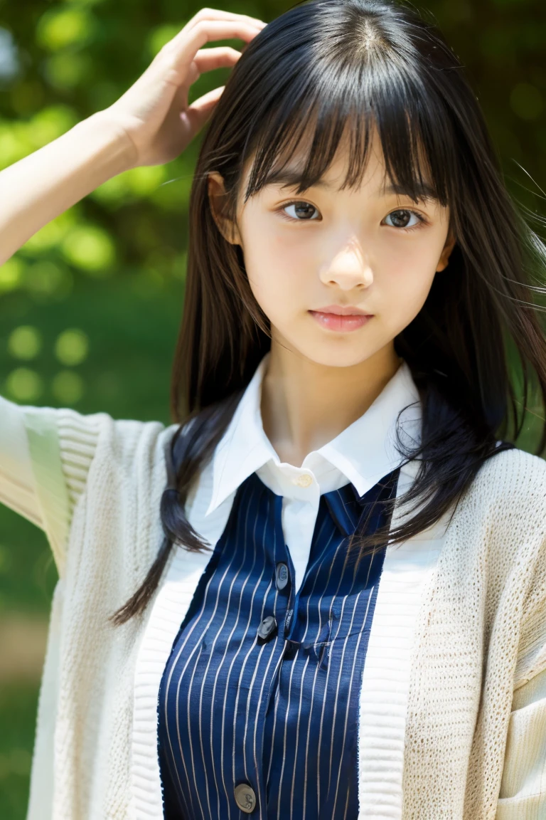 Beautiful girl wearing a collared summer dress、thin summer cardigan、13years、japanes、Wheat-colored The skin、heavy wind、Black hair long hair、少し日焼けしたThe skin、Black、