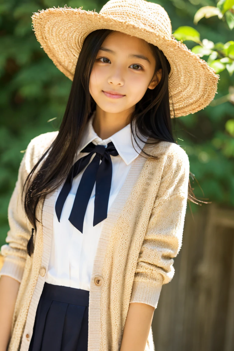 Beautiful girl wearing a collared summer dress、thin summer cardigan、13years、japanes、Wheat-colored The skin、heavy wind、Black hair long hair、少し日焼けしたThe skin、Black、