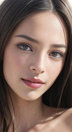 (A hyper-realistic), (illustrated), (hight resolution), (8K), (highly detailed), (The best illustrations), (beautiful detailed eyes), (top-quality), (ultra-detailed), (masterpiece), (wall-paper), (detailed face), A smile, natural breasts, soft areolas, Puffy areolas, puffy nipples, detailed breasts, detailed nipples, topless, nude, close-up breasts