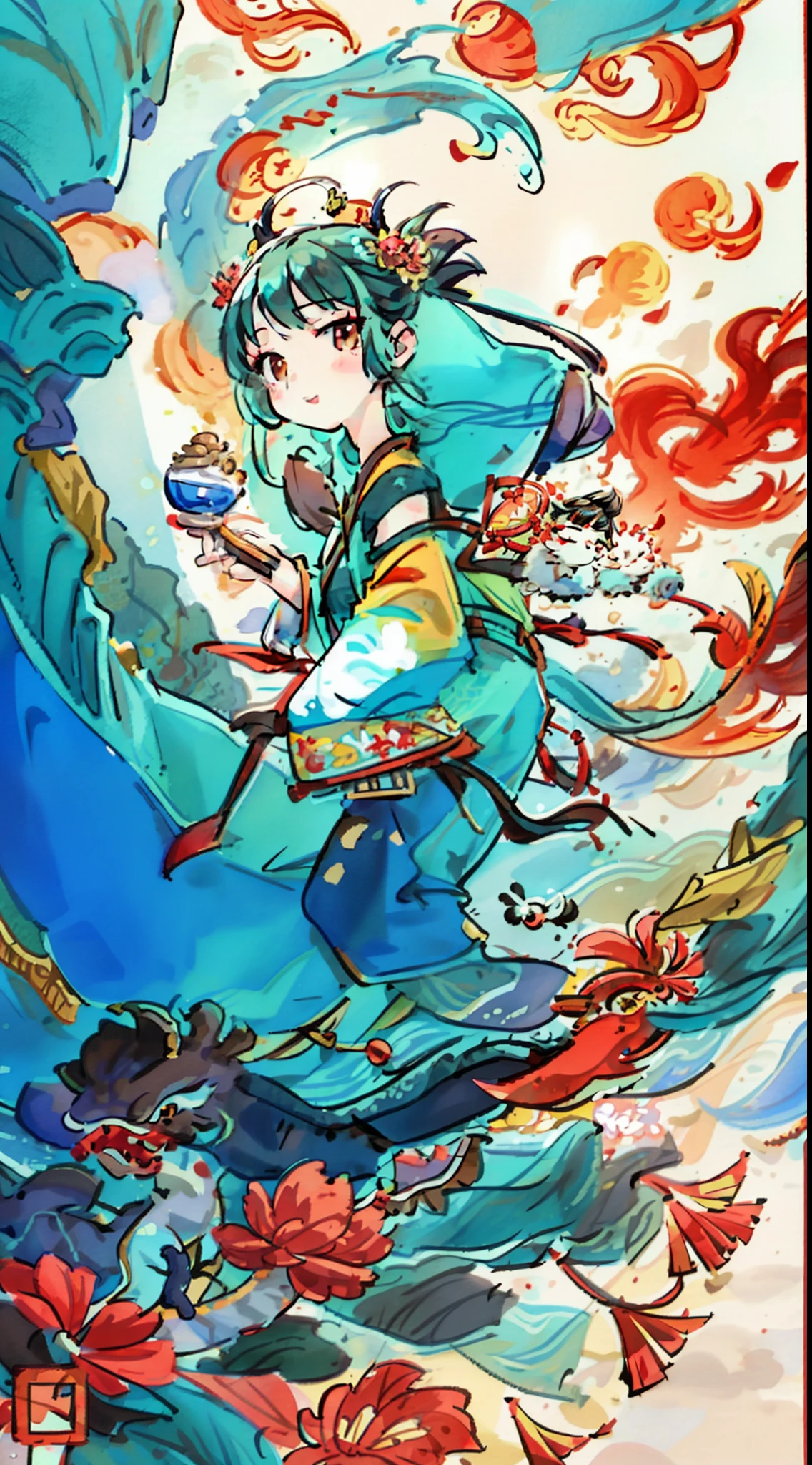 chinesedragon, A beautiful artistic illustration, cyan chinesedragon, sporty attire, full-colour illustration, full color digital illustration, rich background, smooth chinesedragon, new year wishes, Chinese, Background Chinese elements, Stylized, National tide chart, Two children are setting off firecrackers