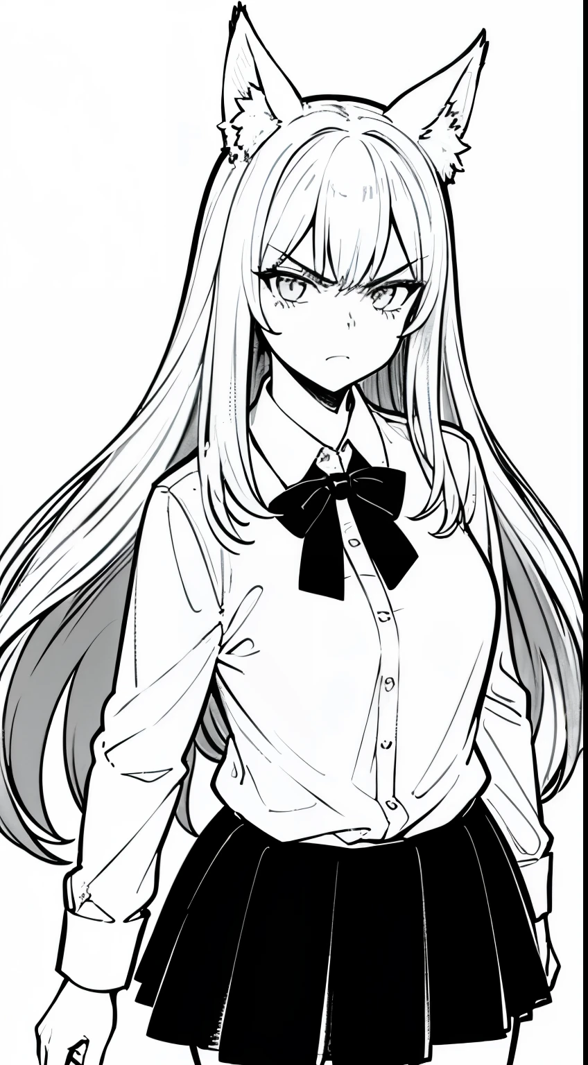 1girl ,20s,angry face,white shirt,black tie,black skirt,gray hair,long hair,fox ears,cowboy shot,standing,(white background, monochrome, line drawing,)