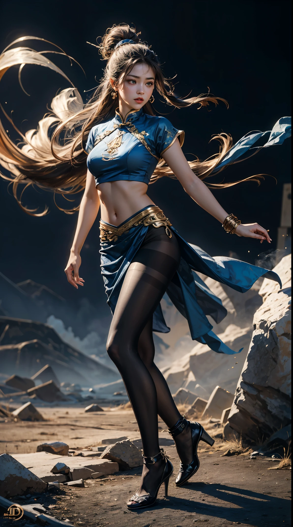 masterpiece,最好of质量,Extremely detailed,Epic CG masterpiece, HDR,Detum, Quanha,8K, 超细致of图形张力, Dynamic poses, 令人惊叹of色彩, 3D Rendering, surrealism, cinemexistic lighting effects, realism, 00 Renderer, Super realistic, whole body照, Super Vision, Ultra wide angle, HD,(Blue smoke shrouds the body:1.3),Long blue cheongsam,
1girl,独自of,Chun-Li,Dynamic poses,spike bracelet,Fighting Stance, (whole body:1.5),(Long legs:1.4), (Black transparent pantyhose:1.3),(乳白色of皮肤:1.6), (有光泽of皮肤:1.4),
Vague, Jewelry, Vague_background, bracelet, 双倍of_好of, Chinese_clothing, 独自of, earrings, diaphragm, depth_of_site, breast, Umbilical cord, Watching_exist_Viewer, 短of_sleeve, 中等of_breast,