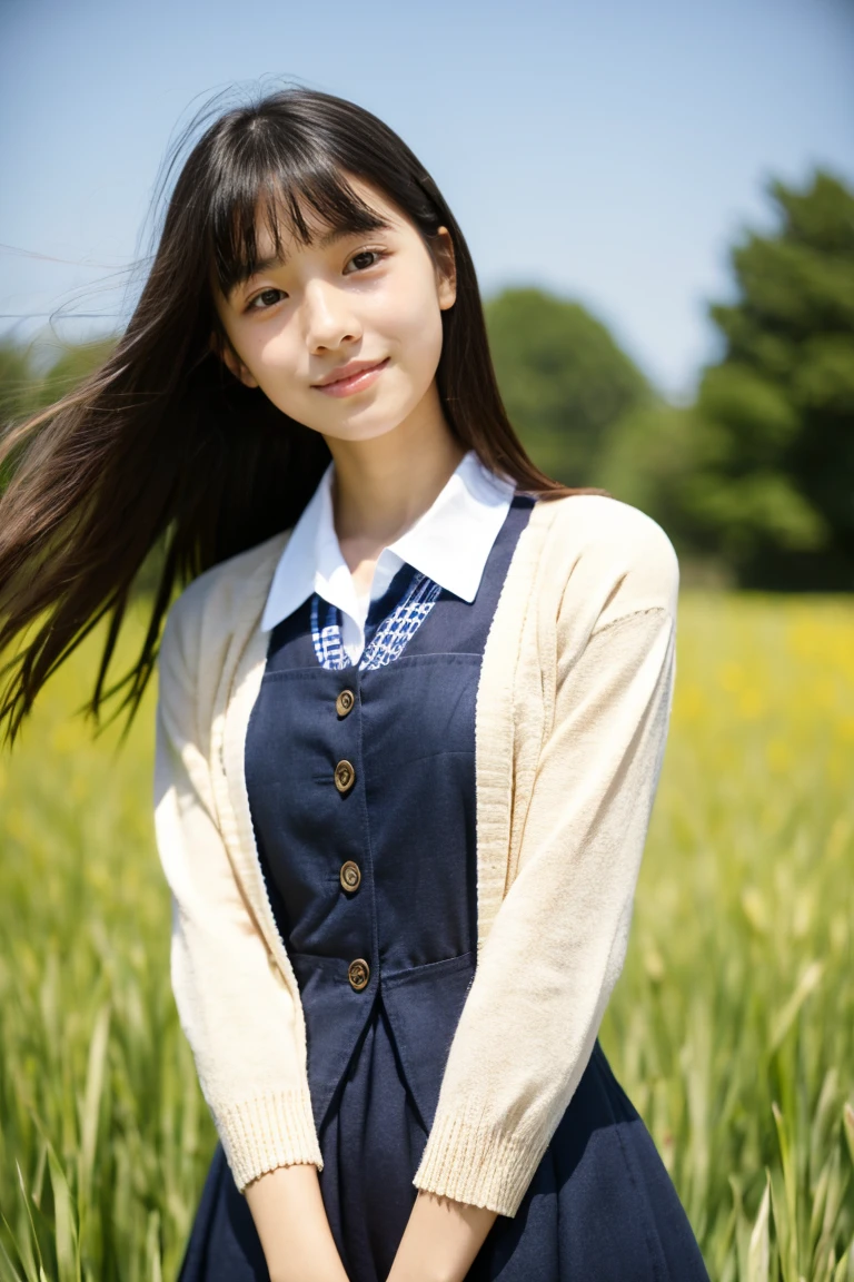 Beautiful girl wearing a collared summer dress、thin summer cardigan、sixteen years old、japanes、Wheat-colored　The skin、heavy wind、Black hair long hair、少し日焼けしたThe skin、Black、