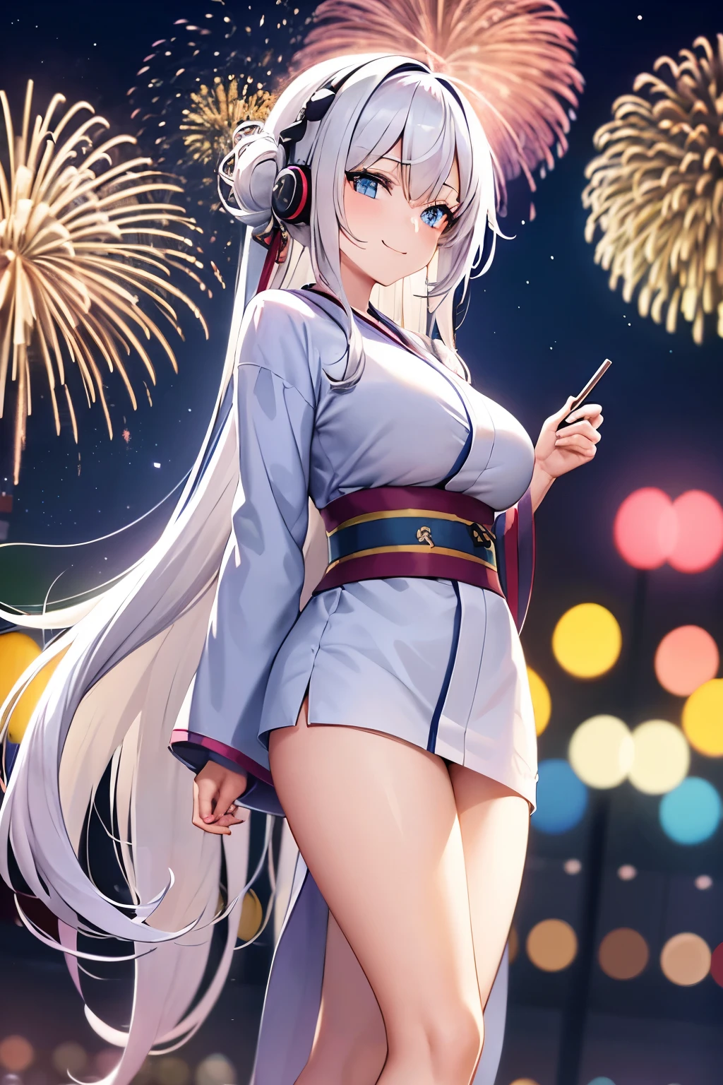 "anime girl, 1 person, silver white hair mixed with black, blue eyes, wearing headphones, women's kimono, same kimono, big breasts, holding cotton candy, long socks, standing cross-legged, shy smile, side view , festival, New Year's Eve fireworks, watch fireworks, solo(full HD Image 4K+)"