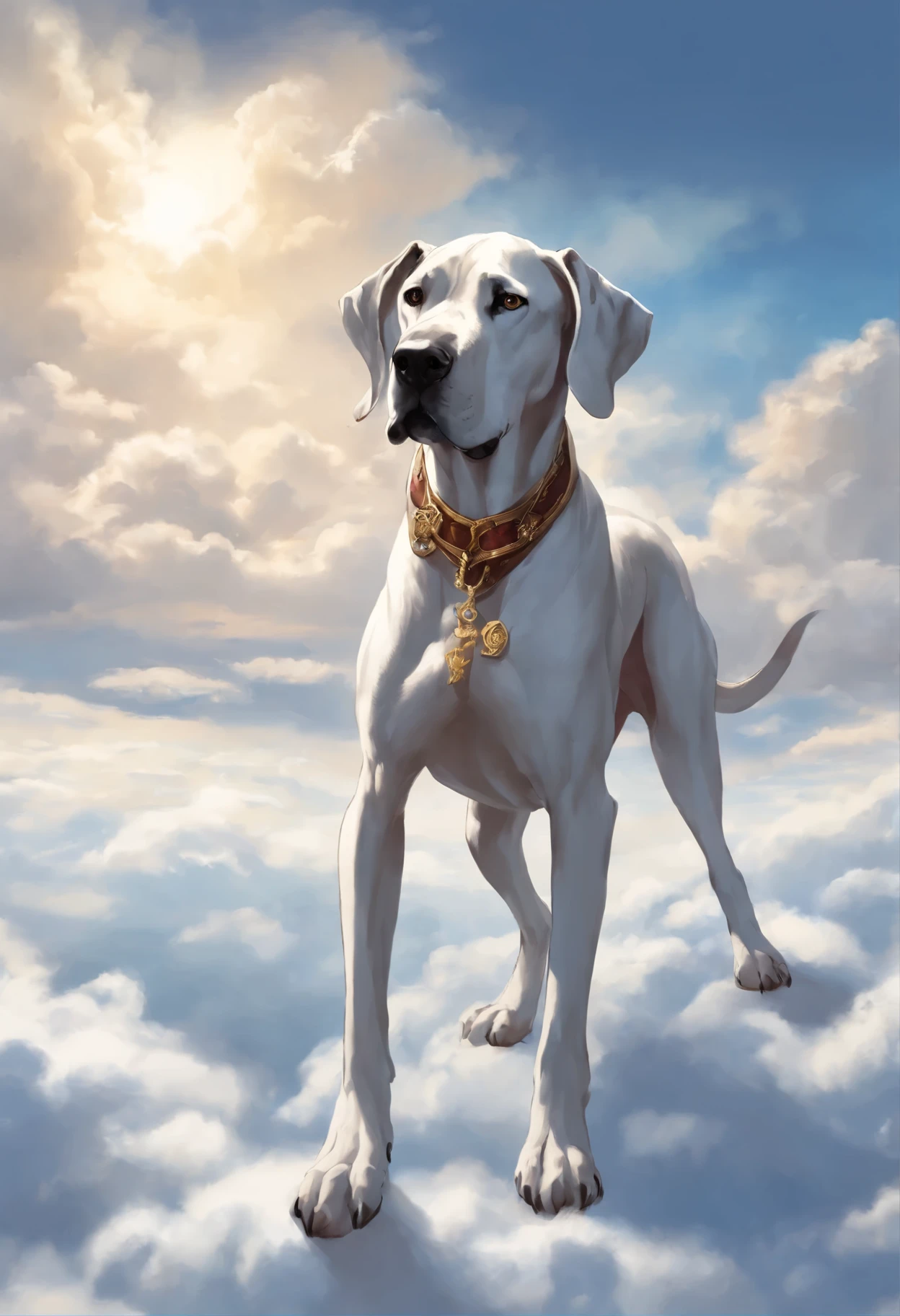 close-up of Great Dane (anatomically correct drawn body) walking on the clouds, fluffy clouds, shaggy clouds, casimir art, shigenori soejima illustration, boris valejo. Great Dane, detailed anime character art, detailed key anime art, Granblue Fantasy, scary Santa Claus in the art of the demon slayer, Taisho Roman, crisp clear rpg portrait, Masamune Shiro, key anime art