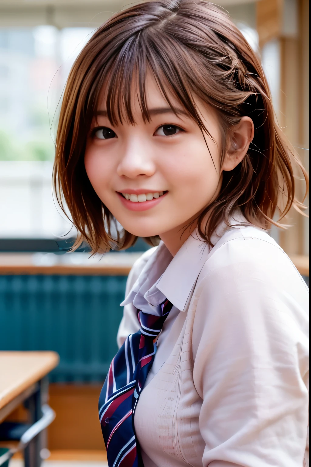 (Best Quality,8K,超A high resolution:1.2),(Cute little girls), ((School Uniform, Jumper Skirt, School Tie)), realisitic, Top image quality, Photorealsitic,  25-years old, (((femele))), extra detailed face,Leaves the original facial proportions、 (Skin blemishes:1.2), (Skin Dentation), Black eye, ((Look at viewers:1)), (looking in camera)、(portlate:0.6), (shorth hair)、brown haired、Floating hair、(Braided hair)、Thin smile, High School Girl, (Skindentation:1.2) ,