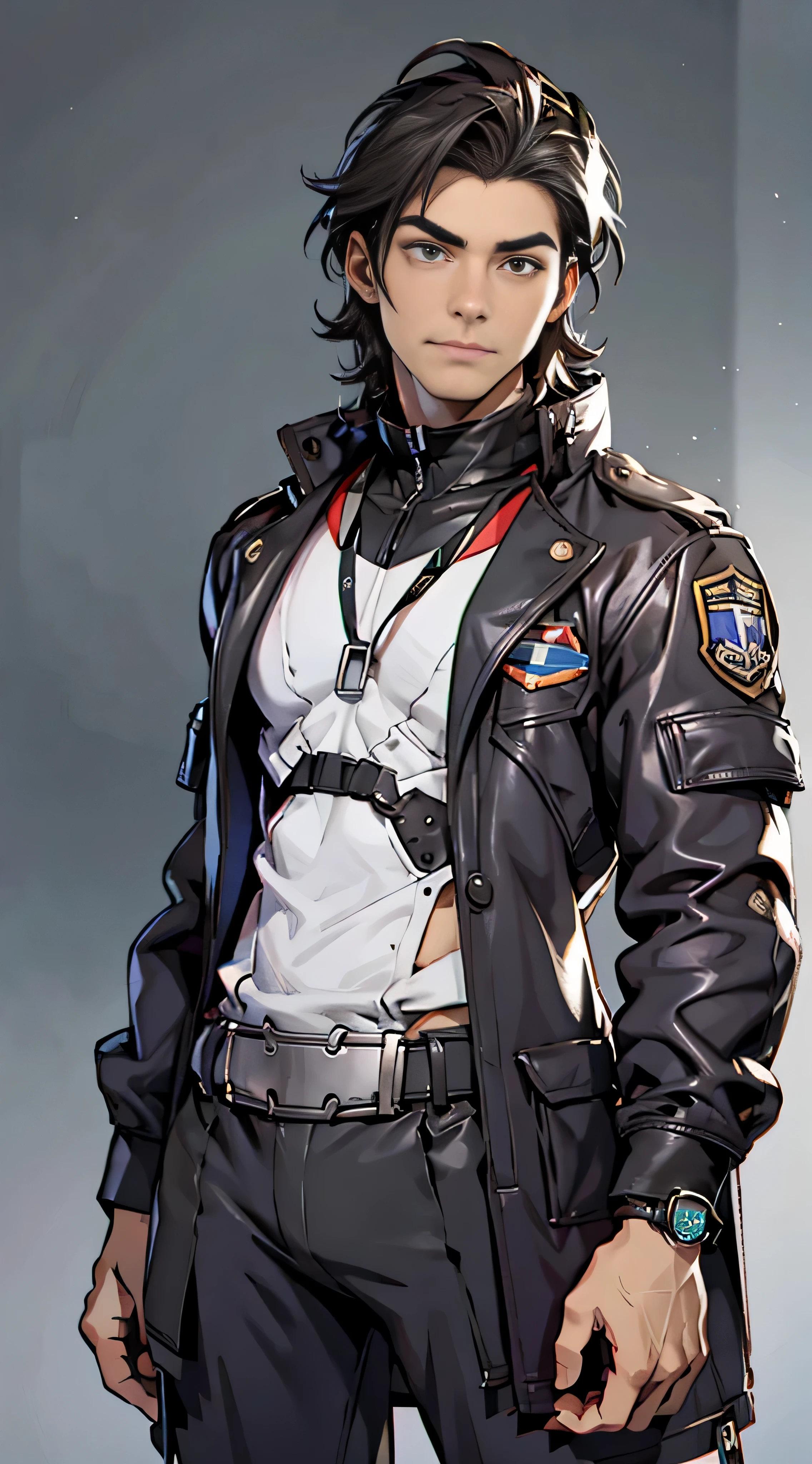 11:23(((Best quality: 1.4))),(Unbeatable masterpiece), (hyper HD),(Hyper-realistic 8k CG)、(dark colored hair) ((( body))), (((1 girl in))), 25-year-old American soldier with perfect body,,Beautiful and well groomed face,muscular body:1.2,Solid royal blue jacket with details, (Pictures from head to thighs), Complex equipment, royal blue,long trousers,The clothes inside are dark,Clothes with armored metal electronic parts, Poison tattoos )