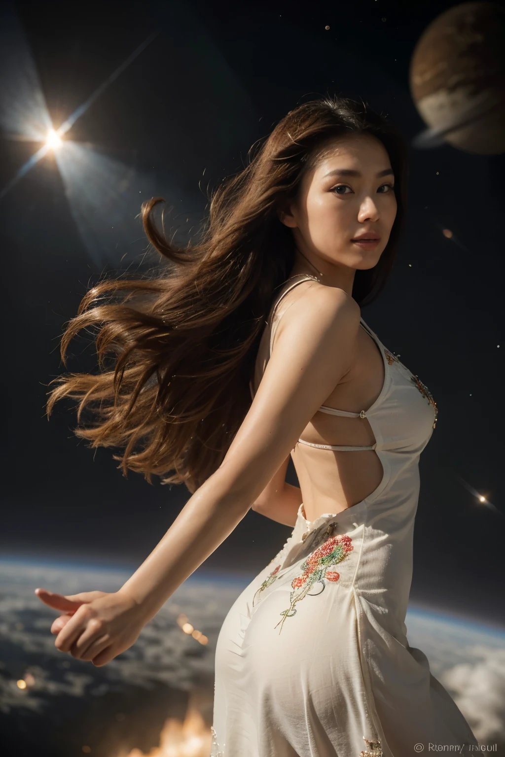 in space, Una diosa navega por el universo en todo su esplendor. Light its way with its energy, Its beauty makes everything around it appear brighter. As estrelas, All the beauty of galaxies and the universe is around you. She wears beautiful fabrics and stunning embroidery, Her endless long hair seems to be flying behind her.a asian beauty