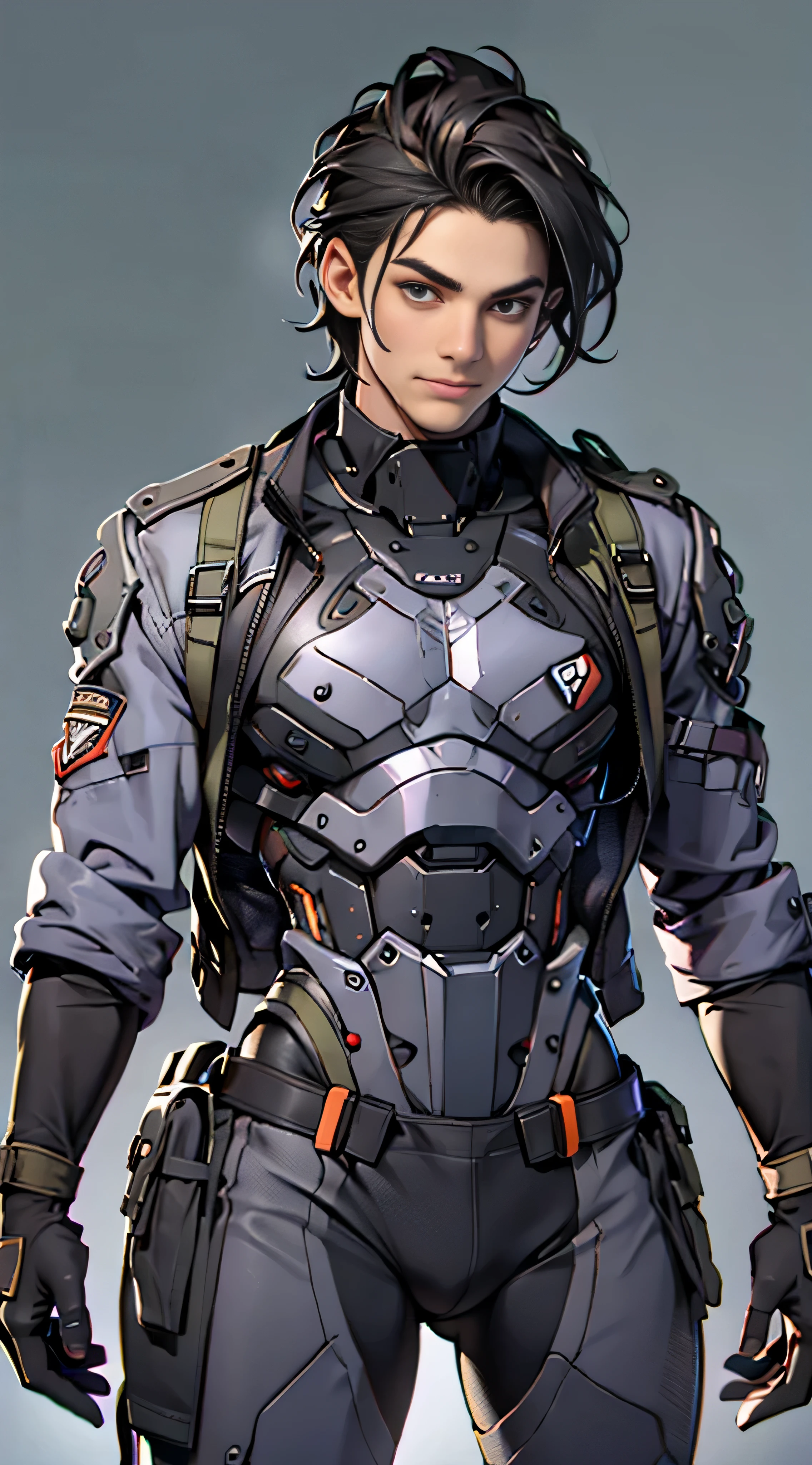 11:23(((Best quality: 1.4))),(Unbeatable masterpiece), (hyper HD),(Hyper-realistic 8k CG)、(dark colored hair) ((( body))), (((ung person))),35-year-old American soldier with perfect body,,delicated face,muscular body:1.2,Solid royal gray jacket with details, (Pictures from head to thighs), Complex equipment, Dark purple coat,long trousers,The clothes inside are dark,Clothes with metal technical parts,Tech Armor )