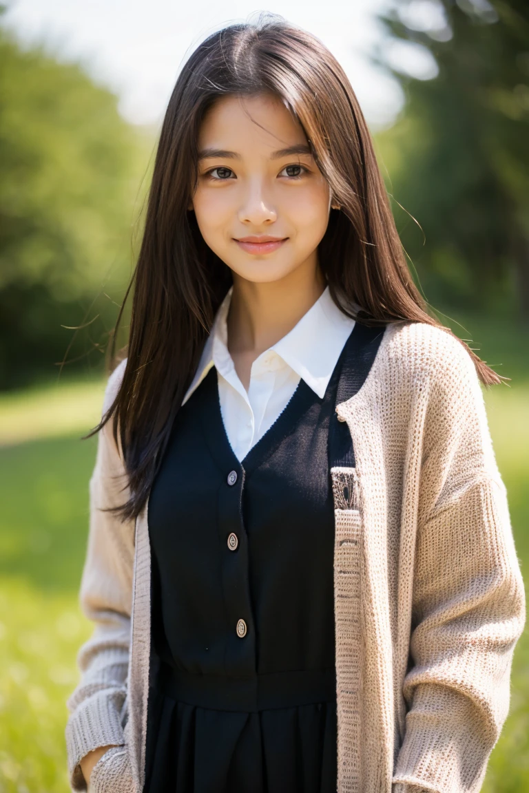 Beautiful girl wearing a collared summer dress、thin summer cardigan、15yo student、japanes、Wheat-colored　The skin、heavy wind、Black hair long hair、少し日焼けしたThe skin、Black、