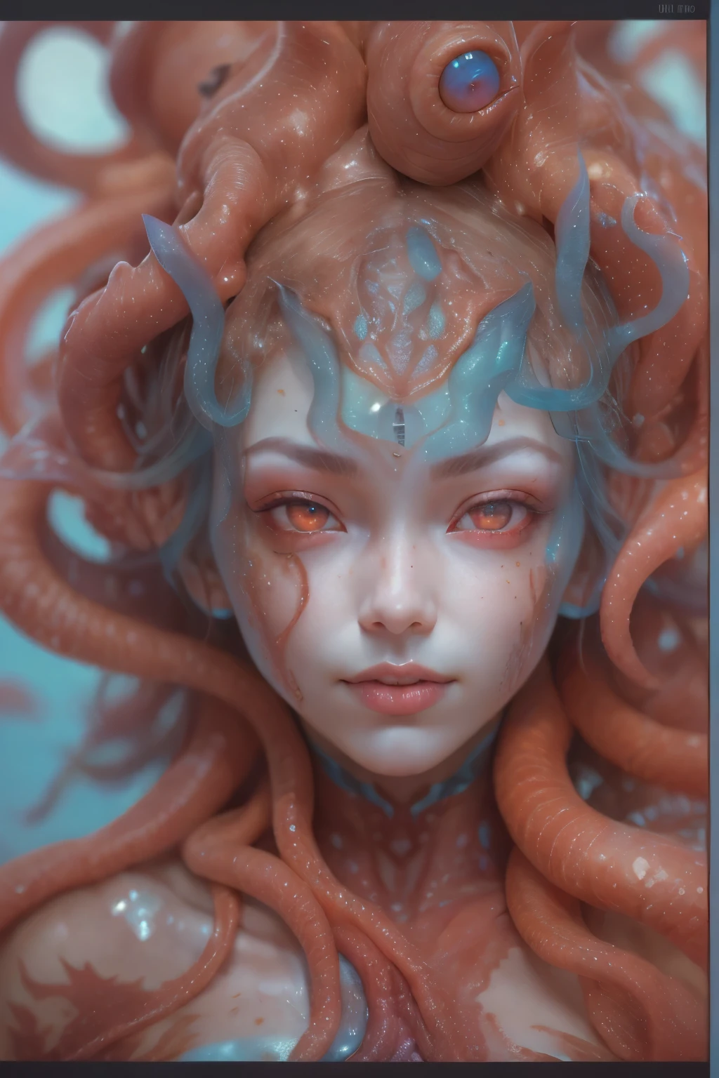 Portrait, (beautiful female alien:1.2), (There is a female genital-like organ in the middle of the forehead:1.8), (The most beautiful face in the history of the universe:1.2), (scarlet eyes:1.6), (Translucent skin:1.8), an evil gaze that seduces, (red eyes:1.5), (large mouth:1.1), Full body like, (bio luminescent:1.2), (Smile wickedly:1.3), (sexypose:1.5), alien, No humans, cells are fused, (Lots of translucent tentacles:1.1) (Translucent skin:1.3), extraterrestrial, cell, bio image, Best Quality, 8K,4K_quality, High Definition, Dramatic Lighting, masutepiece:1.5,cinematic quality, detail up, (Intricate details:1.2), High resolution, High Definition, drawing faithfully, (Thick eyebrows:1.2), Beautiful eyes with fine symmetry, (Ultra detailed eyes:1.2),(Highly detailed face and eyes:1.2), (High-resolution red-eye:1.4), Intimate face, (Super detailed skin quality feeling:1.4), Perfect ???????, (Beautiful toned body:1.5), (Moist skin:1.2), No makeup, (dark circles:1.1), long canines, cinematic drawing of characters, ultra high quality model, cinematic quality, detail up, (Intricate details:1.2), High resolution, High Definition, drawing faithfully, Official art, Unity 8K wall , 8K Portrait, Best Quality, Very High resolution, ultra detailed artistic photography, midnight aura, unreal enginee 5, Ultra Sharp Focus, art by alberto seveso, ArtGerm, Roisch, intricate artwork, best quality, masutepiece, ultra High resolution, (photos realistic:1.4), Ultra-realistic realism, dream-like, nautilus, Creation of fantasy, Snail, Dream Snail, biopunk nautilus, Thrilling color schemes, Ultra-realistic realism, seductively smiling, Blue tentacles