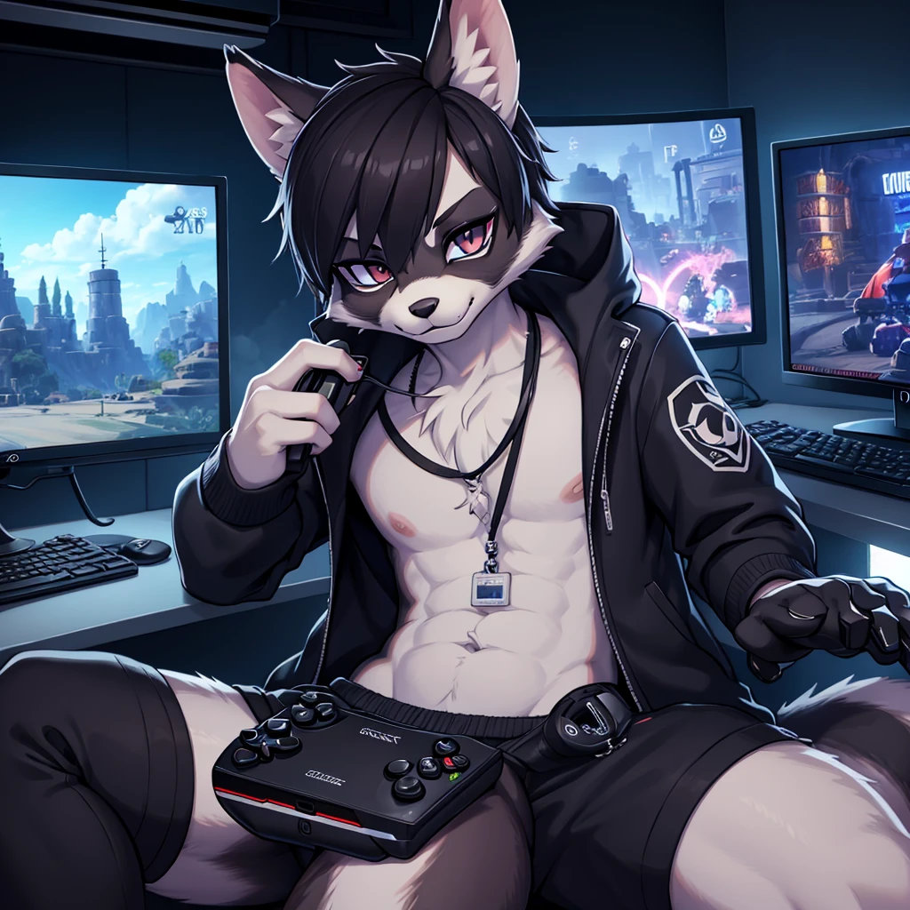 Sfw safe for work, Epic Furry male Emo Racoon, wearing video game stuff, gaming with an xbox controller