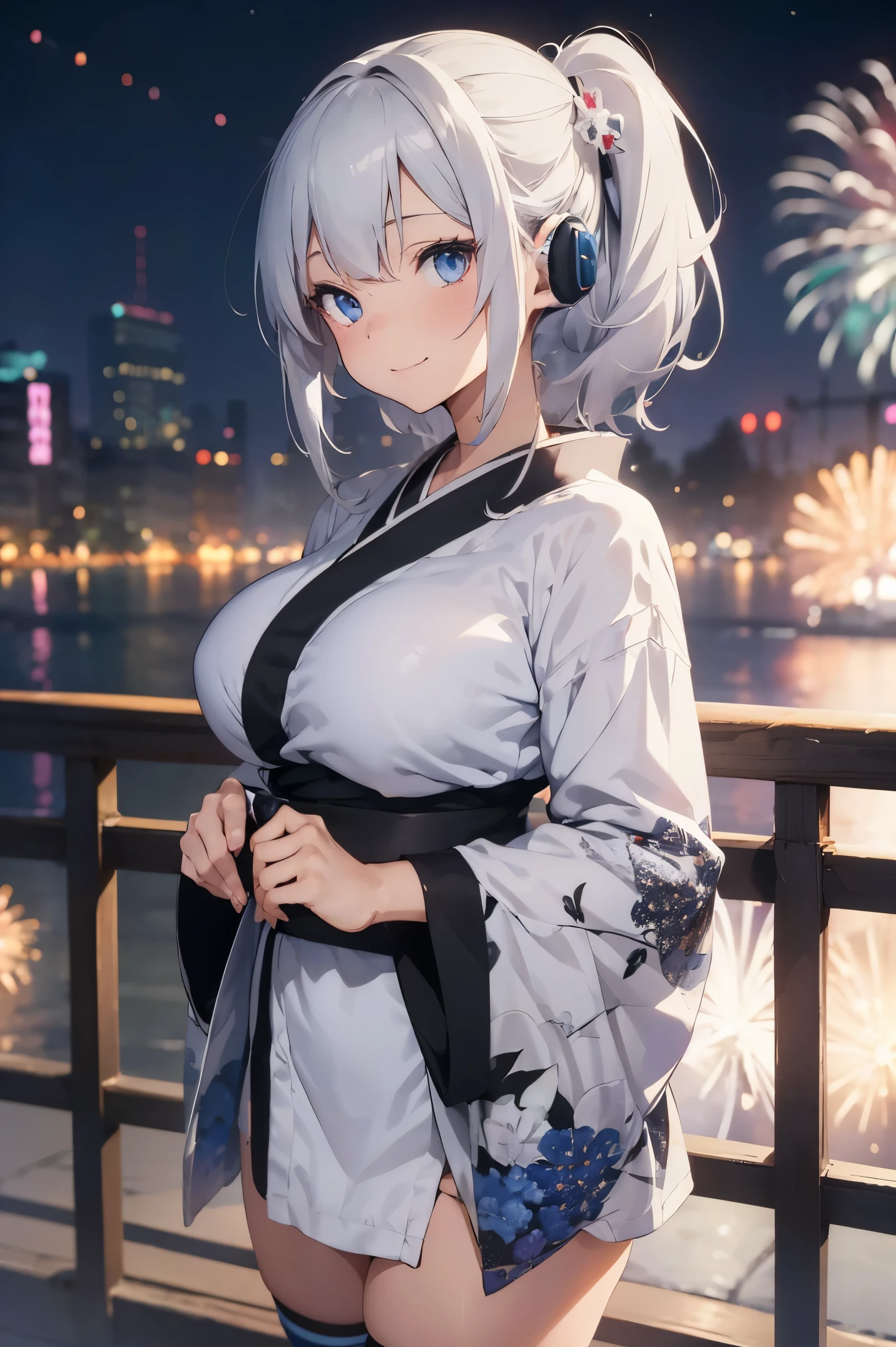 "anime girl, 1 person, silver white hair mixed with black, blue eyes, wearing headphones, women's kimono, same kimono, big breasts, holding cotton candy, long socks, standing cross-legged, shy smile, festival, New Year's Eve fireworks, watch fireworks, solo(full HD Image 4K+)"