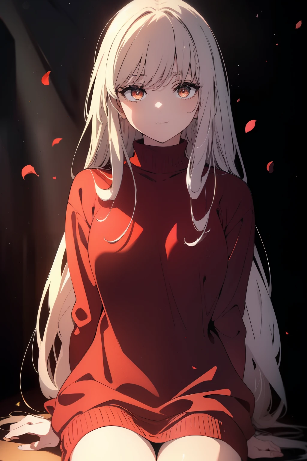 ((((Obra maestra, La mejor calidad, ultrahigh resolution)))), 1girl, sitting on couch, (from above) (((wearing a an oversized long sleeve red Charistmas sweater, long sleeved red sweater))), long hair cut, pale skin, ((brown eyes)), (glowing_eyes, luminescent eyes), (ultra detailed eyes:0.7, beautiful and detailed face, detailed eyes:0.9), ((centered)), smile, ((wide shot)), facing viewer, (((vibrant background of a cozy interior, flowers, bright lighting, summer, sunlight))), flat chested, looking at viewer, ((perfect hands)), ((head:1, hips, elbows, arms, in view)), ((hands behind back)), beautiful lighting, defined subject, (13 years old), ((cool looking)), ((slight breeze in hair, vintage sun glare))