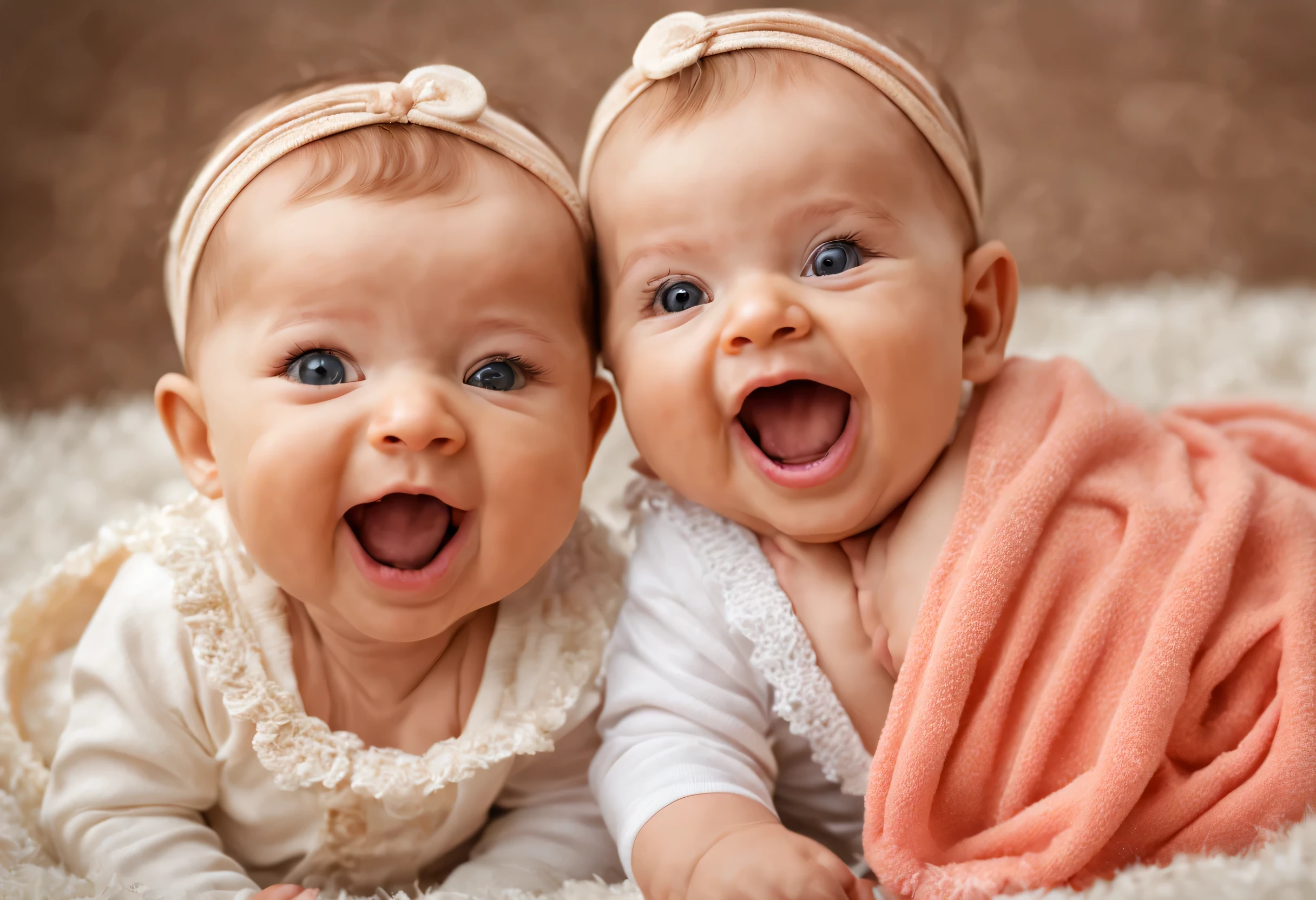 (best quality, 4k, 8k, high resolution, masterpiece: 1.2), ultra detailed, (realistic, photorealistic, photorealistic: 1.37), professional studio photography, close-up of 2 beautiful 5 month old babies, laughing out loud, eye-catching , adorable, happy, precious, perfect little models, lovely expressions, cute outfits, twin babies, bonding moment, lively atmosphere, sharp facial features, happy and cheerful atmosphere, exquisite lighting and composition, high resolution, sharp focus, vibrant colors, Soft and warm tones, professional settings, meticulous attention to detail, sharp and clear images, charming and heartwarming smiles, unforgettable memories, cherished moments, perfectly captured innocence and joy.