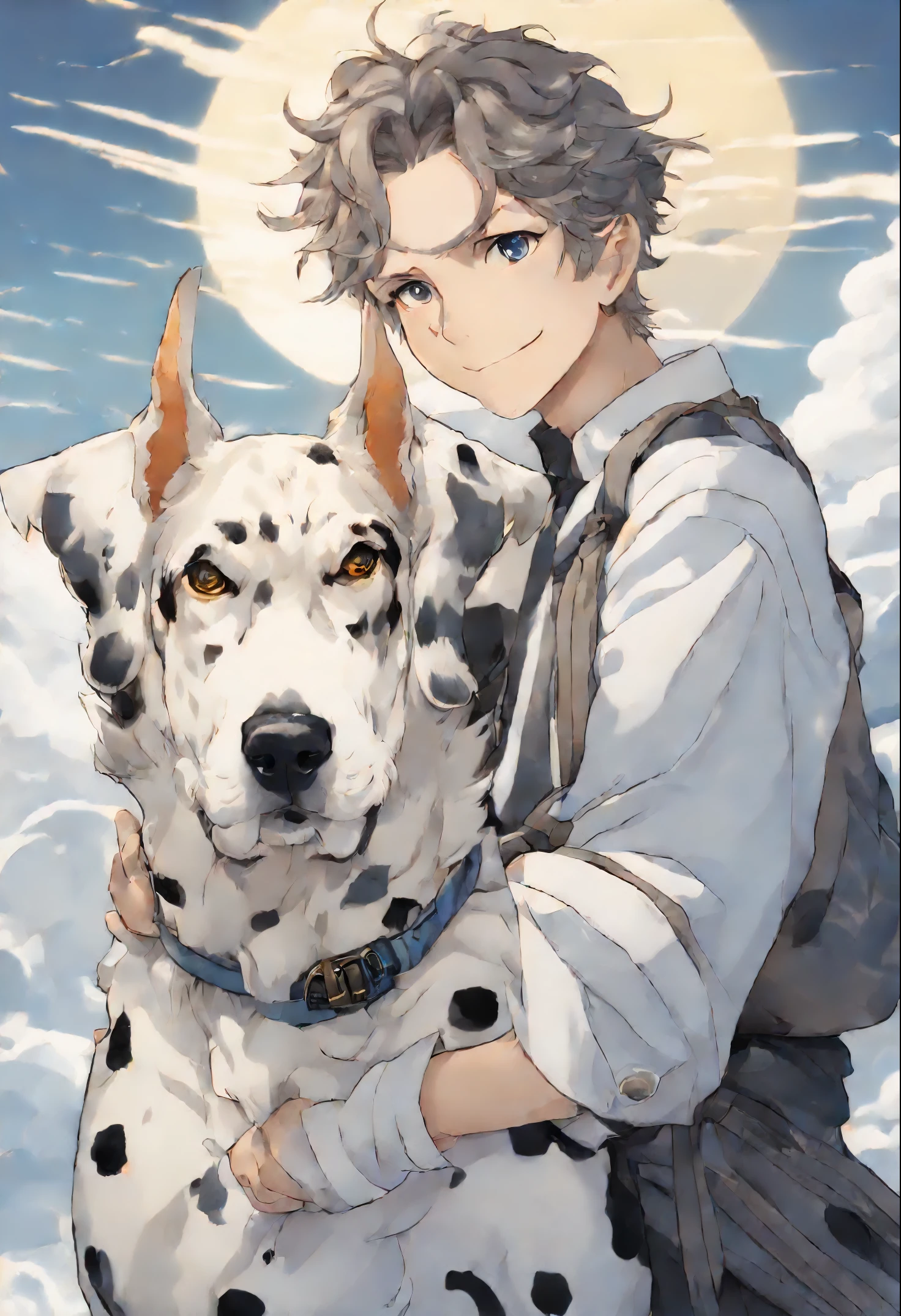 close-up of a dog of the German DRG breed of merle color (white with black spots) hugs a person, A Great Dane dog walks on the clouds, fluffy clouds, casimir art, illustration of shigenori soejima, boris valejo. Smiling Great Dane dog, detailed anime character drawing, подробный anime key figure, Granblue Fantasy, Beautiful owl in demon slayer art, Taisho Roman, Clear RPG portrait, Masamune Shiro, anime key figure
