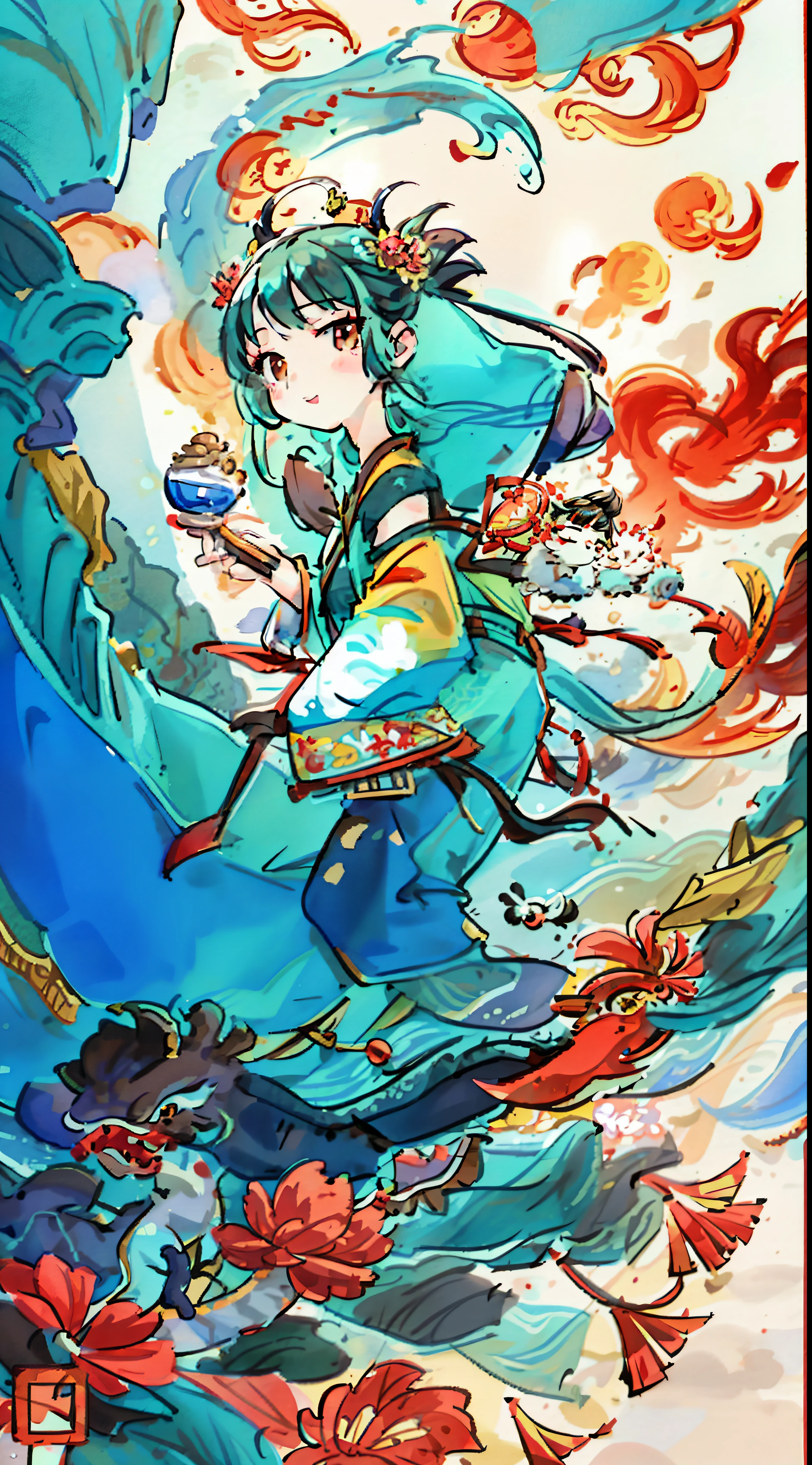 chinesedragon, A beautiful artistic illustration, cyan chinesedragon, sporty attire, full-colour illustration, full color digital illustration, rich background, smooth chinesedragon, new year wishes, chineseidol, Background chineseidol elements, Stylized, National tide chart, Two children are setting off firecrackers