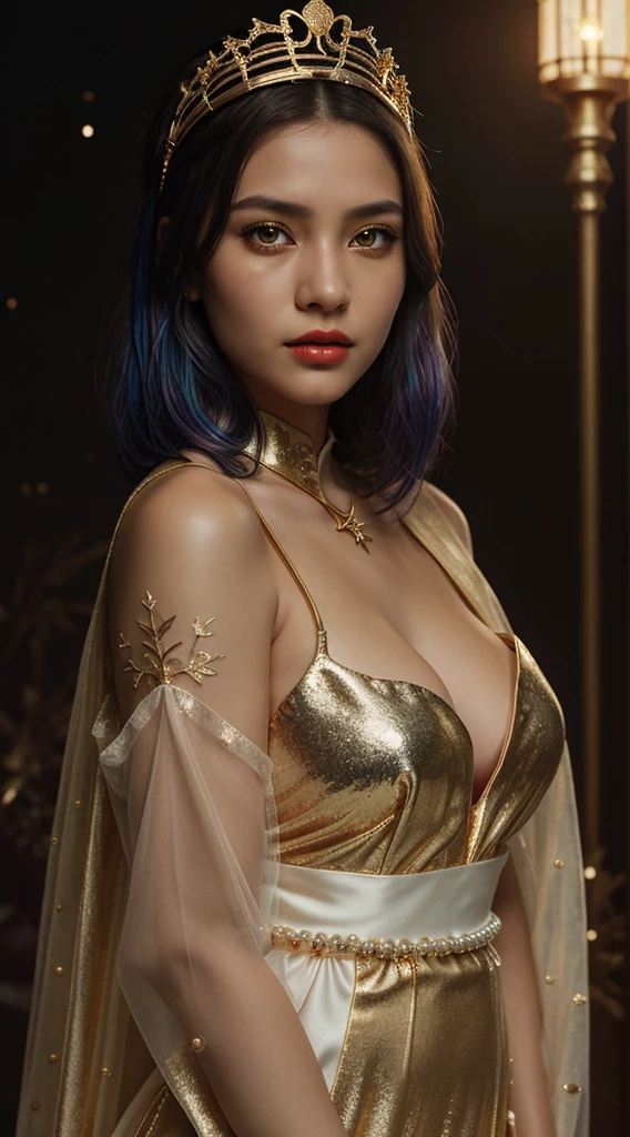 Portrait of a young 20-year-old saint, a saint with a beautiful and super cute face,Wearing a thin red dress with gold edging and glittering and sexy, Ao dai is studded with small sparkling pearls, beautiful cute face, Ao dai with a deep slit in the chest and attractive black and white lace trim, beautiful face without blemishes, shut up, ((7-color hair length:1.2)), big crown, hair brooch, hanfu dress, chinese ancient style, full body jewelry, forehead tattoo, The female saint's breasts are round and very full, breast augmentation, innocent face, The most beautiful and detailed light red lipstick, ((Thin plump lips:0.3)), ((Golden eyes:1.2)), The eyes are delicately decorated,(white and detailed) cinematic, light and dark, dramatic lighting, magical light, extremely detailed light, true color, super sharp, realistic, 8k quality, fantasy universe background, saints and magical space, the most detailed images, Solo, a saintess, ((looking directly at the saint's upper body:0.4)), ((smooth skin:0.5)), Extremely detailed pixels, super true, extremely detailed and complex graphics, the highest resolution, close-up portrait,