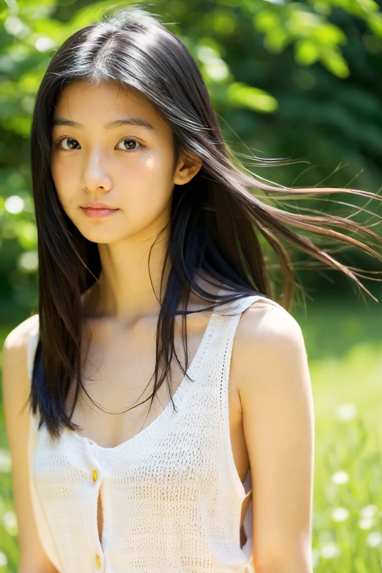 Beautiful girl wearing a collarless summer dress、thin summer cardigan、、japanes、Wheat-colored The skin、heavy wind、Black hair long hair、少し日焼けしたThe skin、Black、