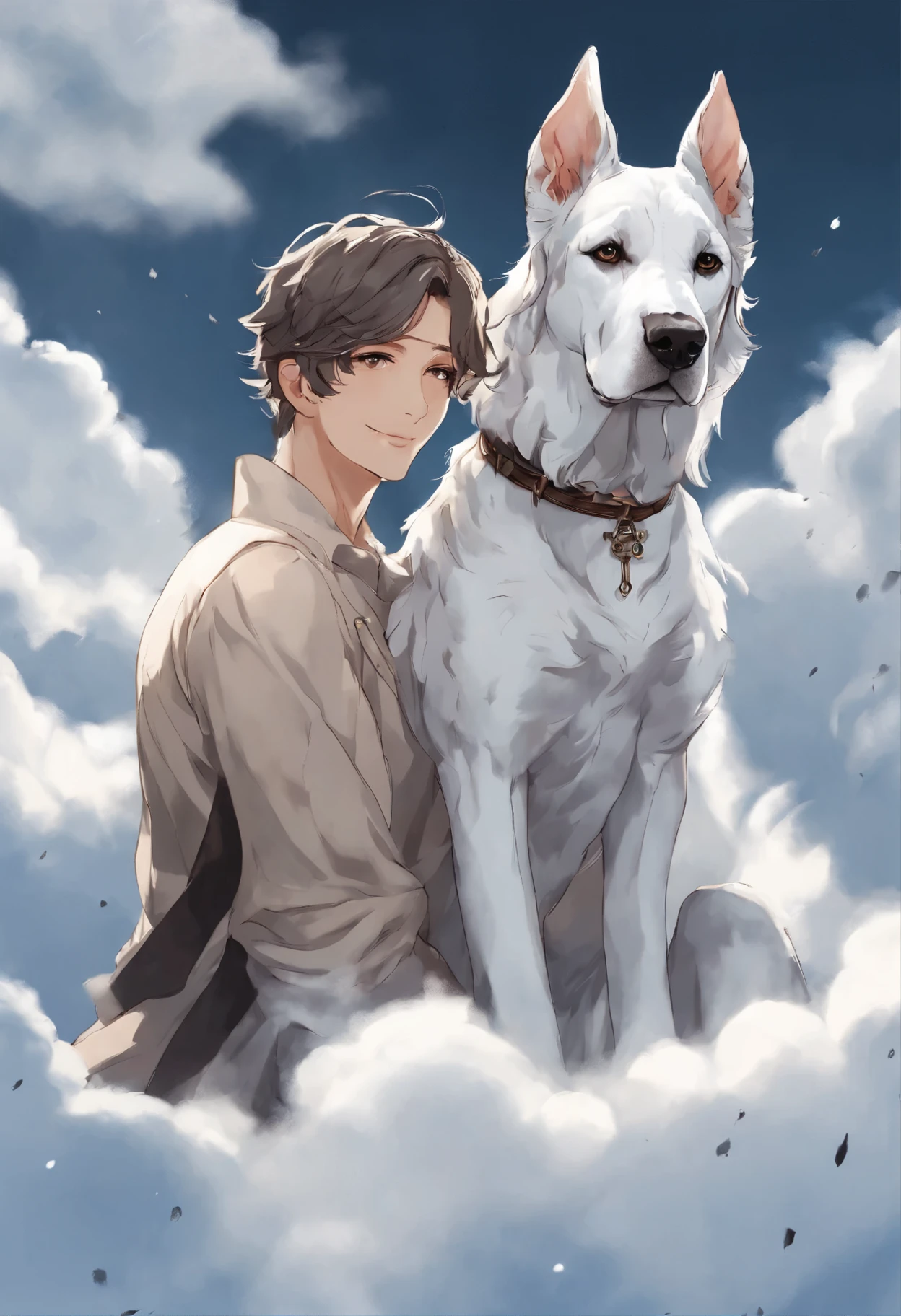 close-up of a dog of the German DRG breed of merle color (white with black spots) hugs a person, A Great Dane dog walks on the clouds, fluffy clouds, casimir art, illustration of shigenori soejima, boris valejo. Smiling Great Dane dog, detailed anime character drawing, подробный anime key figure, Granblue Fantasy, Beautiful owl in demon slayer art, Taisho Roman, Clear RPG portrait, Masamune Shiro, anime key figure