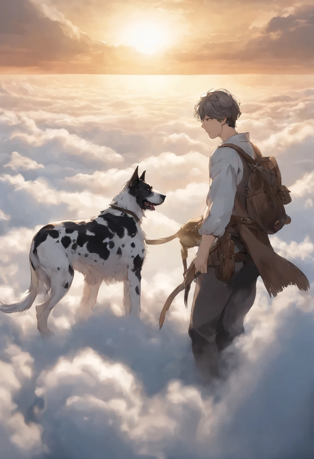 close-up of a dog of the German DRG breed of merle color (white with black spots) hugs a person, A Great Dane dog walks on the clouds, fluffy clouds, casimir art, illustration of shigenori soejima, boris valejo. Smiling Great Dane dog, detailed anime character drawing, подробный anime key figure, Granblue Fantasy, Beautiful owl in demon slayer art, Taisho Roman, Clear RPG portrait, Masamune Shiro, anime key figure