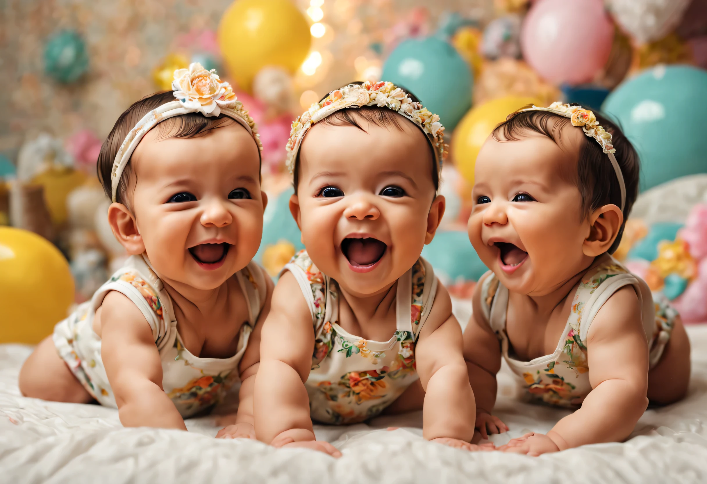 (best quality,4k,8k,highres,masterpiece:1.2),ultra-detailed,(realistic,photorealistic,photo-realistic:1.37),professional studio photography,2 beautiful 5 month old babies,laughing out loud,eye-catching,adorable,joyful,precious,perfect little models,delightful expressions,cute outfits,twin babies,bonding moment,lively atmosphere,defined facial features,happy and joyful atmosphere,exquisite lighting and composition,high resolution,sharp focus,vibrant colors,soft and warm tones,professional setup,meticulous attention to detail,crisp and clear images,charming and heartwarming smiles,unforgettable memories,cherished moments,perfectly captured innocence and joy.