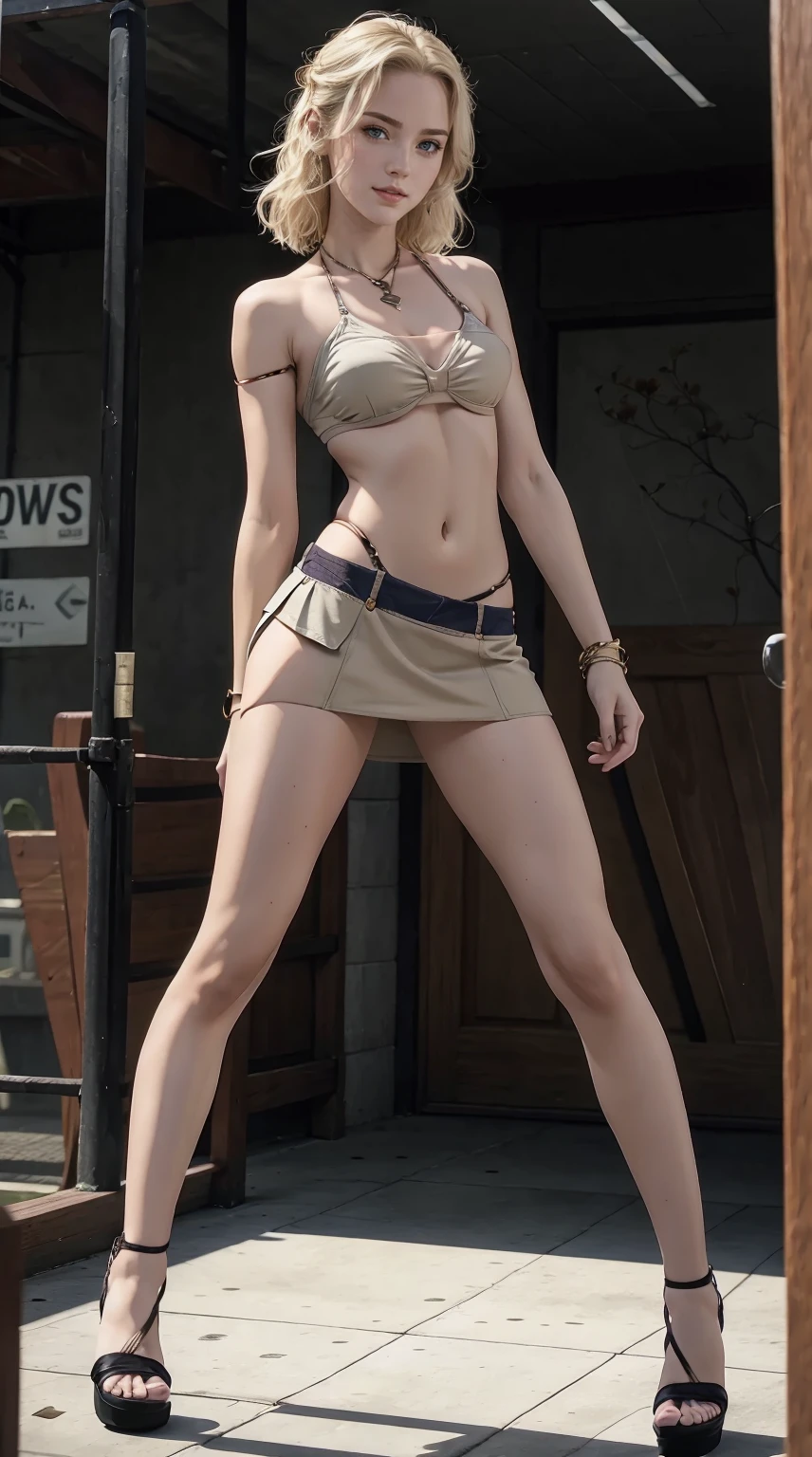 24-year-old Caucasian woman、Hair color is blonde、Eye color is blue、Longhaire、Slender but well-proportioned muscular man、My abs are cracked、The belly button is out、a smile、I'm wearing a necklace、accessories on wrist、Wearing a one-shoulder top、She is wearing a low-rise pleated skirt.、I'm wearing sandals、I'm in an empty space