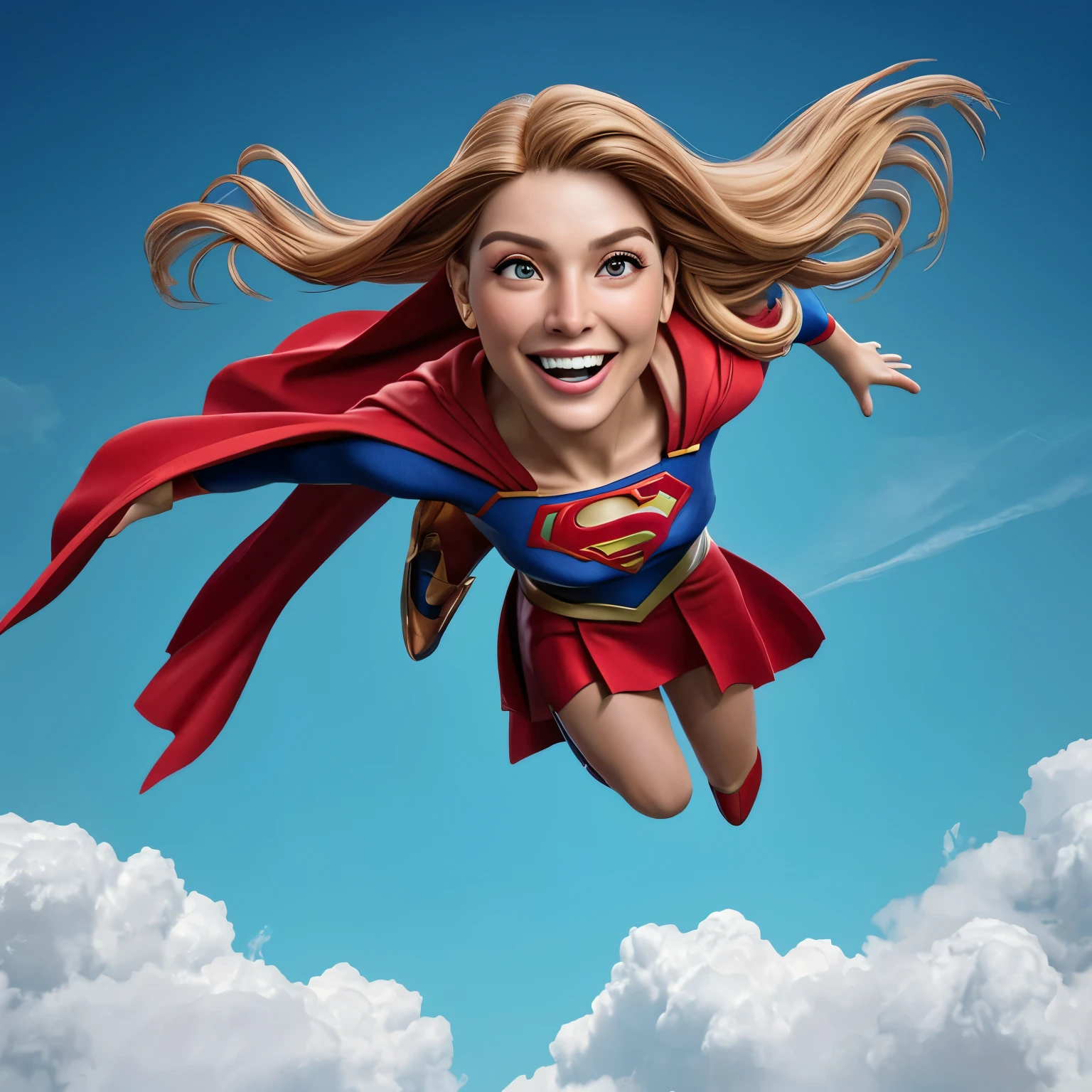 retrato de corpo inteiro, College-Aged Supergirl, Wearing a Supergirl costume and long red cape flying through the clouds, voando horizontal com punho estendido, sorriso feliz, Clouds and blue sky background, Voando em alta velocidade, action shot, 1girl com escuro longo_cabelos loiros e seios pequenos, square jaw and small figure, Texturas 4k, Artistic Epic, arte dos desenhos animados, Saturday Morning Cartoon Aesthetics, foco nítido, uniform lighting, detalhes insanos, detalhes intrincados, hiperdetalhado, cores ricas, olhando para o espectador, looking-into-camera