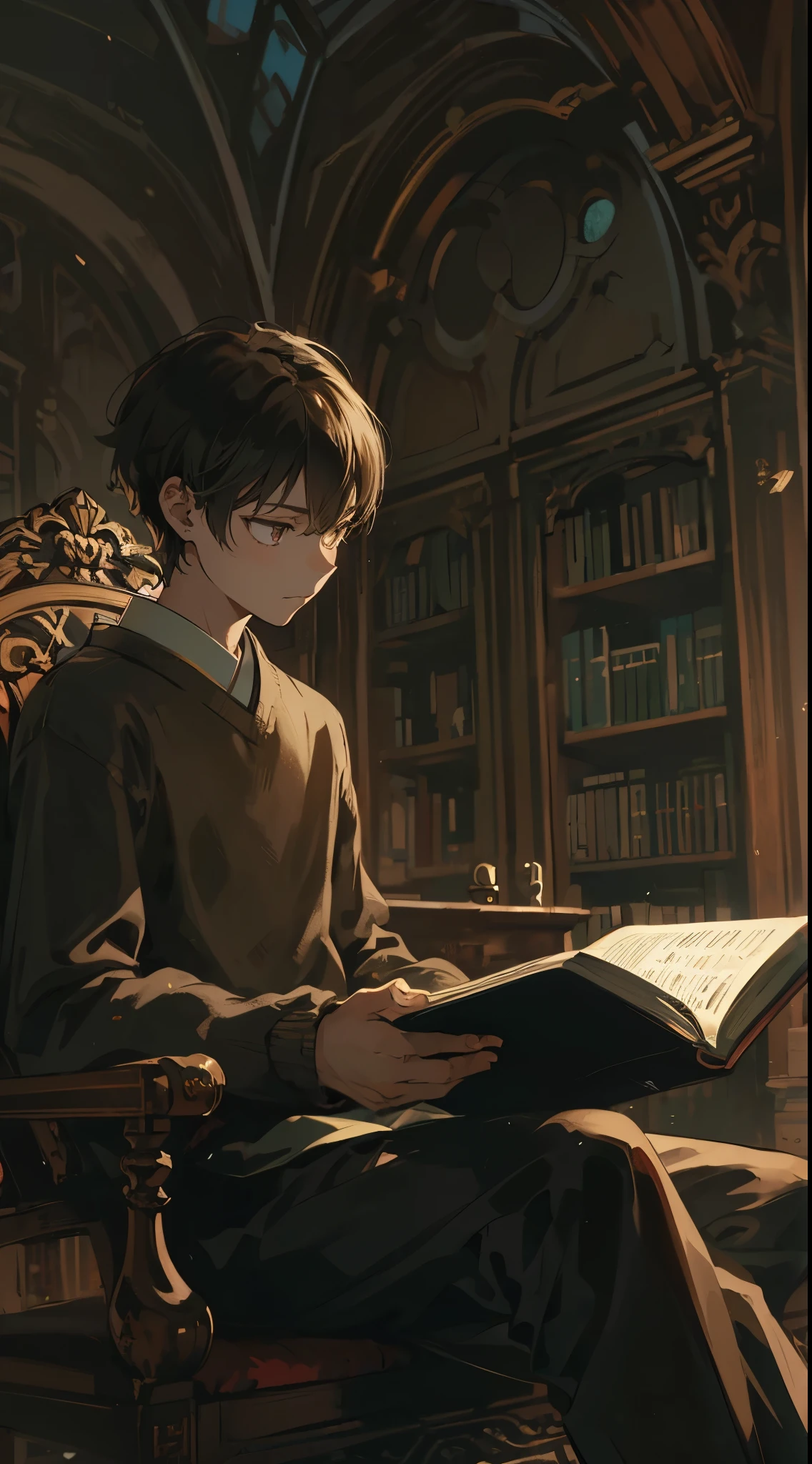 (((Japanese anime))),high quality, amount of drawing, pixiv illustration, A scene depicting a handsome young man engrossed in a book at a quiet reading area in an old library. He is seated on a wooden chair with armrests, holding a classic literary work in his hands. The young man turns the pages with an intellectual gaze, his face illuminated by the soft light of a reading lamp. He is dressed elegantly, wearing a dark-colored sweater and slacks. In the background, there are high ceilings and old wooden bookshelves, neatly lined with various books. The room is tranquil, with only the sound of pages turning occasionally. This scene represents a thirst for knowledge and the beauty of a serene environment