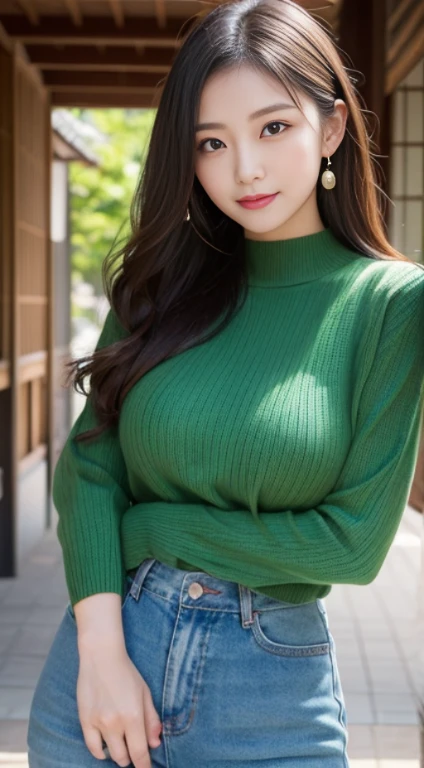 masutepiece, Best Quality, Photorealsitic, finely detail, hight resolution, 8K Wallpapers, Perfect dynamic composition, Beautiful detailed eyes, Medium Hair, Random and sexy poses,Bring your chest together、(Tight Green Knitwear)、(Breast bulge 1.0)、A smile、open open mouth、Resort scenery、24 year old、(Drooping eyes 1.4)、 Beauty、japanes
