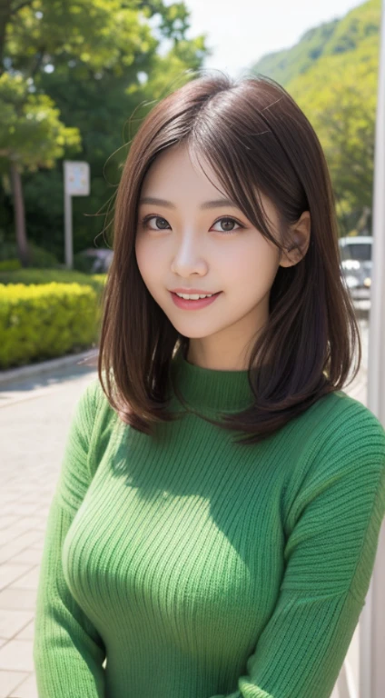 masutepiece, Best Quality, Photorealsitic, finely detail, hight resolution, 8K Wallpapers, Perfect dynamic composition, Beautiful detailed eyes, Medium Hair, Random and sexy poses,Bring your chest together、(Tight Green Knitwear)、(Breast bulge 1.0)、A smile、open open mouth、Resort scenery、24 year old、(Drooping eyes 1.4)、 Beauty、japanes