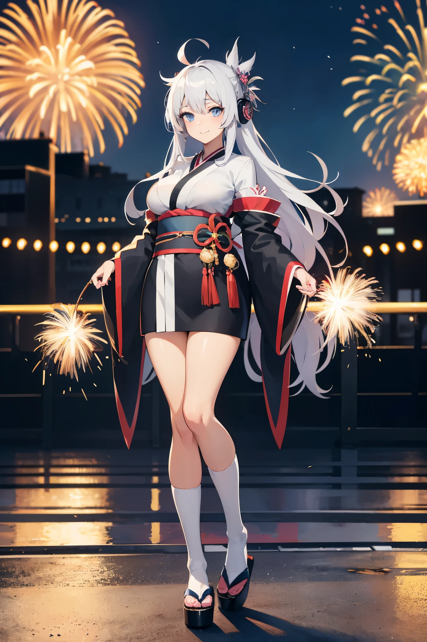 "anime girl, 1 person, silver white hair mixed with black, blue eyes, wearing headphones, women's kimono, same kimono, big breasts, holding cotton candy, long socks, standing cross-legged, shy smile, festival, New Year's Eve fireworks, watch fireworks, solo(full HD Image 4K+)"