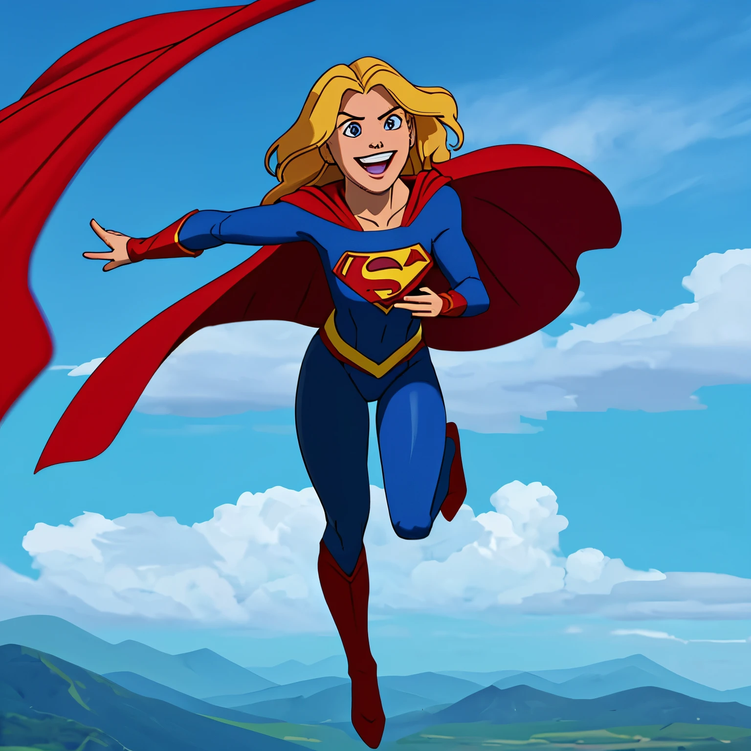 retrato de corpo inteiro, College-Aged Supergirl, Wearing a Supergirl costume and long red cape flying through the clouds, voando horizontal com punho estendido, sorriso feliz, Clouds and blue sky background, Voando em alta velocidade, action shot, 1girl com escuro longo_cabelos loiros e seios pequenos, square jaw and small figure, Texturas 4k, Artistic Epic, arte dos desenhos animados, Saturday Morning Cartoon Aesthetics, foco nítido, uniform lighting, detalhes insanos, detalhes intrincados, hiperdetalhado, cores ricas, olhando para o espectador, looking-into-camera
