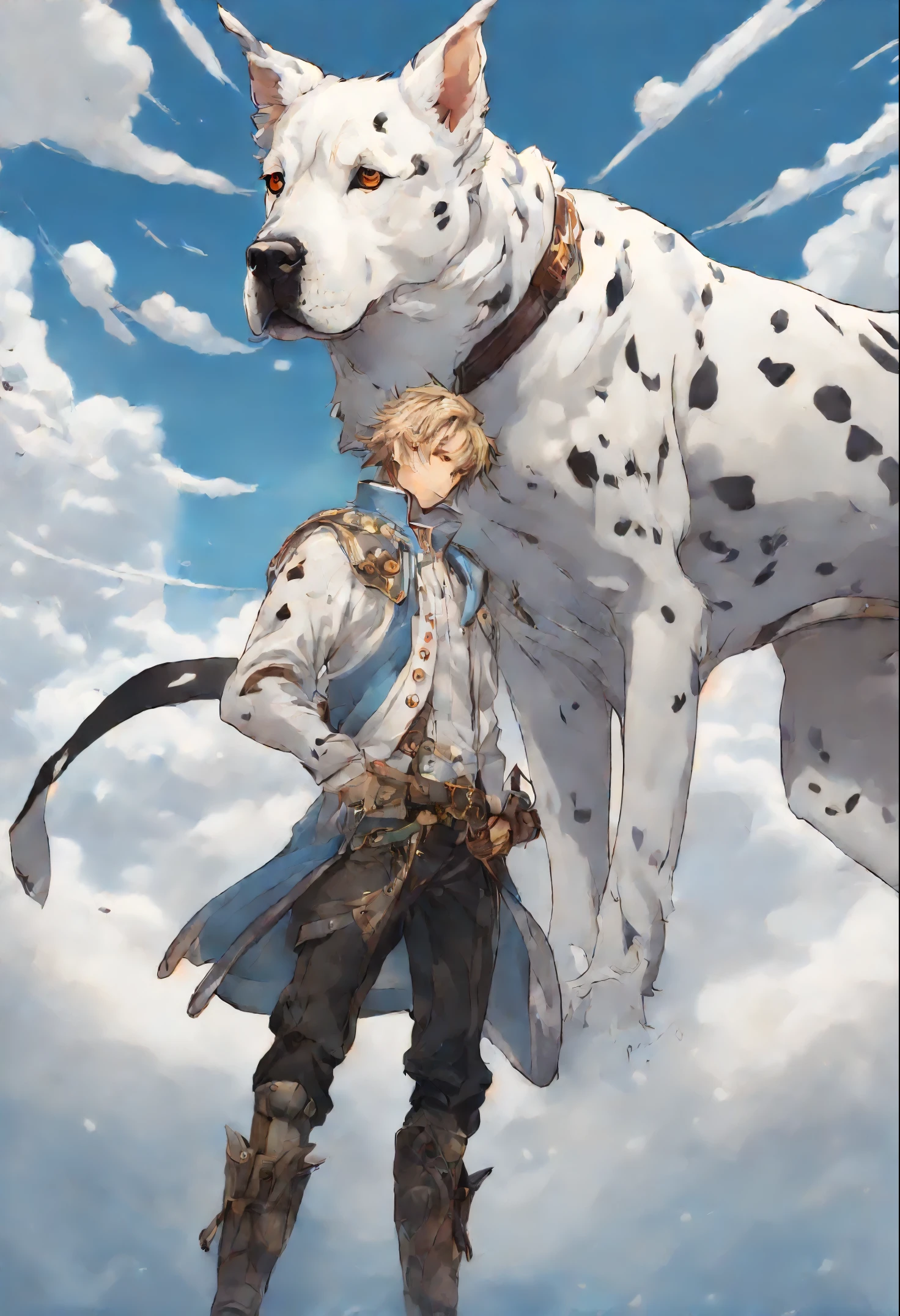 close-up of a dog (anatomically correct drawn body) breed German DRG merle color (white with black spots) hugs a person, A Great Dane dog walks on the clouds, fluffy clouds, casimir art, illustration of shigenori soejima, boris valejo. Smiling Great Dane dog, detailed anime character drawing, подробный anime key figure, Granblue Fantasy, Beautiful owl in demon slayer art, Taisho Roman, Clear RPG portrait, Masamune Shiro, anime key figure