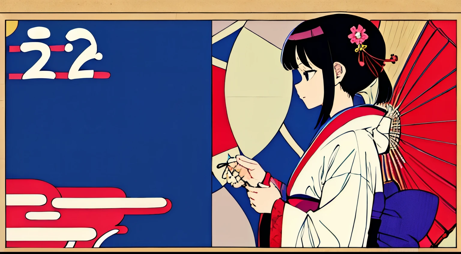 kimono、komono、moderno、profile、A Japanese style、colourfull、Black hair okata、New Year’s Day、Poster style