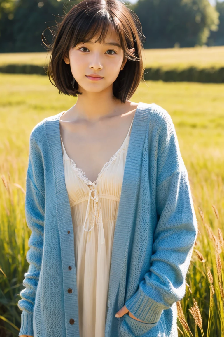 Beautiful girl wearing a collarless summer dress、thin summer cardigan、sixteen years old、japanes、Wheat-colored　The skin、heavy wind、Short black hair、少し日焼けしたThe skin、Black、