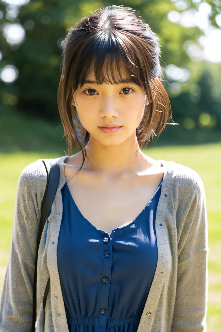 Beautiful girl wearing a collarless summer dress、thin summer cardigan、、japanes、Wheat-colored The skin、heavy wind、Short black hair、少し日焼けしたThe skin、Black、
