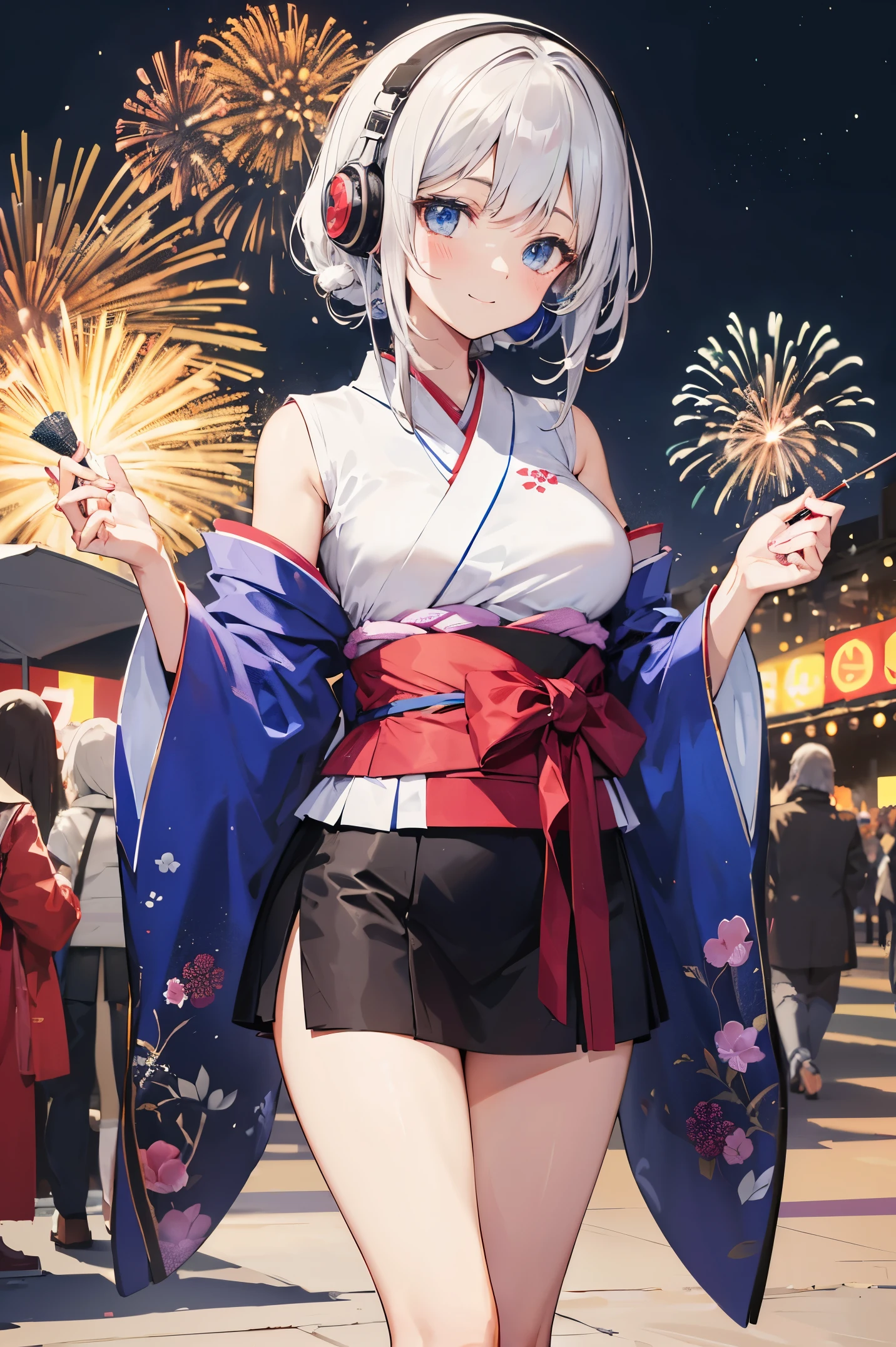 "anime girl, 1 person, silver white hair mixed with black, blue eyes, wearing headphones, women's kimono, same kimono, big breasts, holding cotton candy, long socks, standing cross-legged, shy smile, festival, New Year's Eve fireworks, watch fireworks, solo(full HD Image 4K+)"