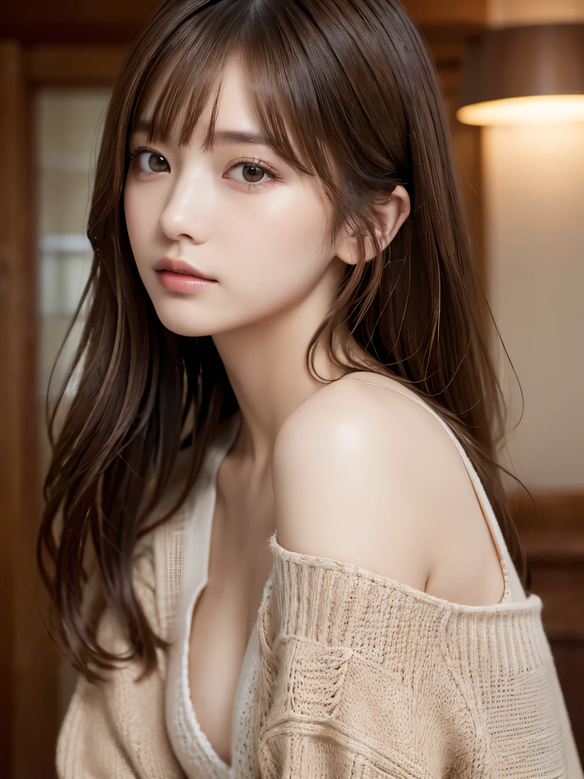 (masuter piece:1.3)、(8K、Photorealsitic、Raw photography、top-quality: 1.4)、(1girl in)、美丽的面容、(Lifelike face)、(Brown hair:1.5)、(Medium Hair)、Beautiful hairstyle、（One eye is hidden by bangs：1.5）、Realistic eyes beautiful details、（real looking skin）、Beautiful skins、（Sweaters）、absurderes、enticing、超A high resolution、A hyper-realistic、high-detail、the golden ratio